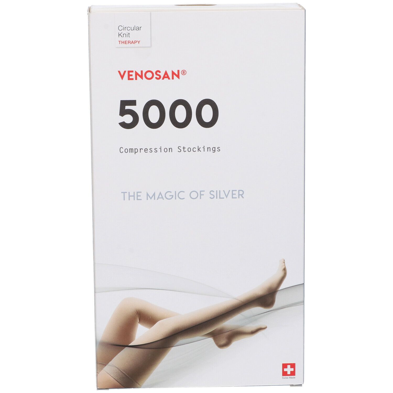 Confezione di calze compressive. Scritta: Venosan 5000, The Magic of Silver. Immagine di gambe.
