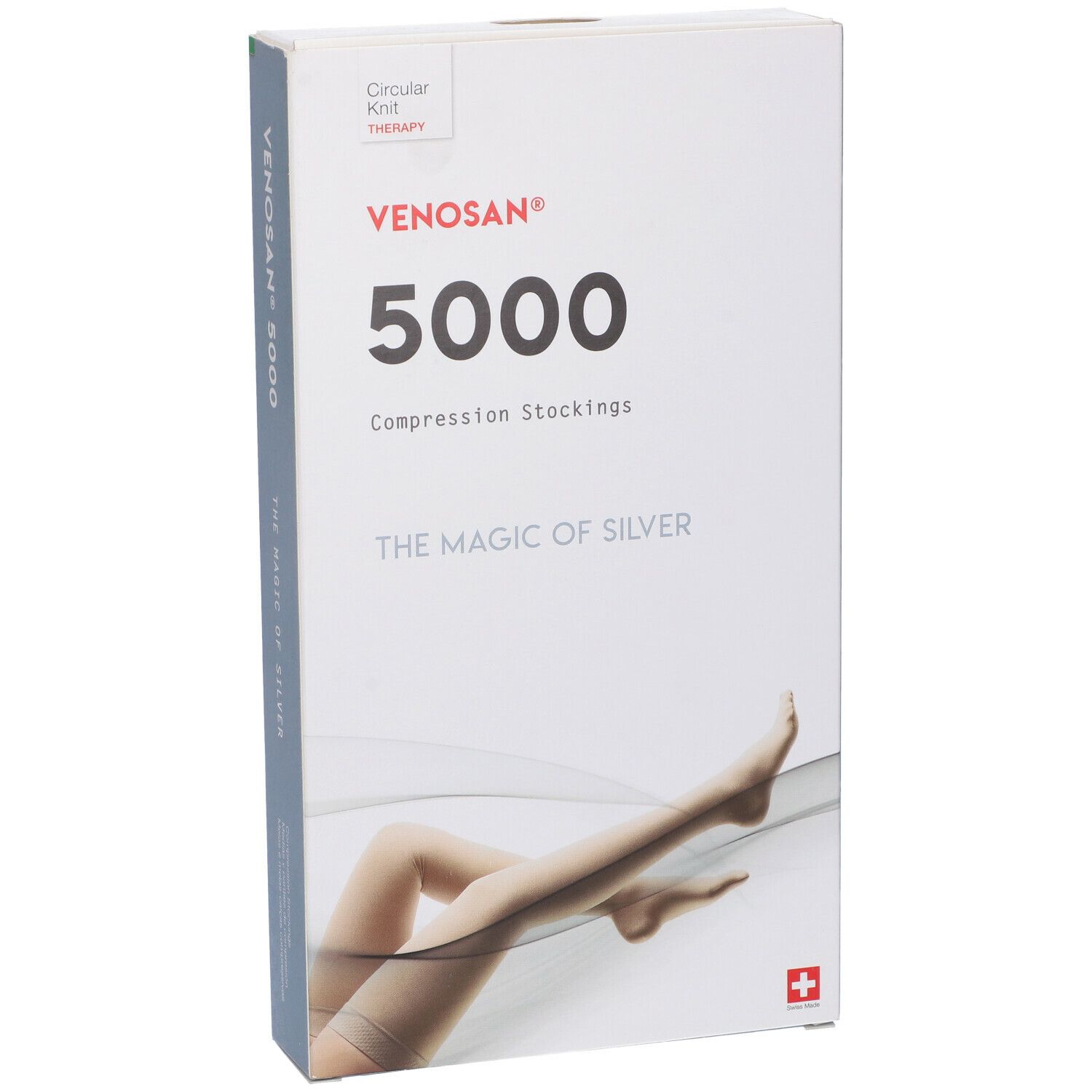 Confezione di calze compressive. Scritta: Venosan 5000, The Magic of Silver. Immagine di gambe.