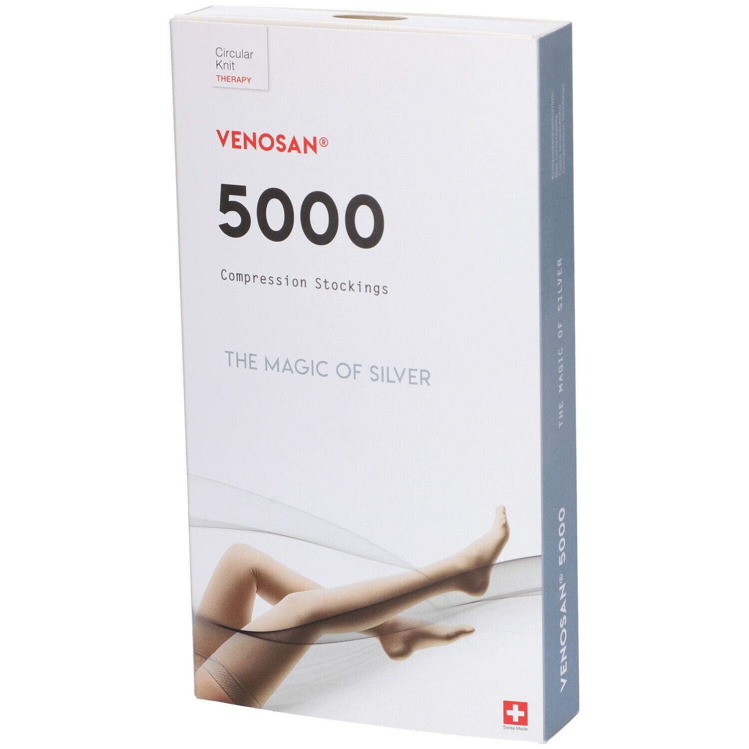Confezione Venosan 5000 in diagonale. Scritta: Venosan 5000, calze a compressione, The Magic of Silver. Croce svizzera. Illustrazione del prodotto.