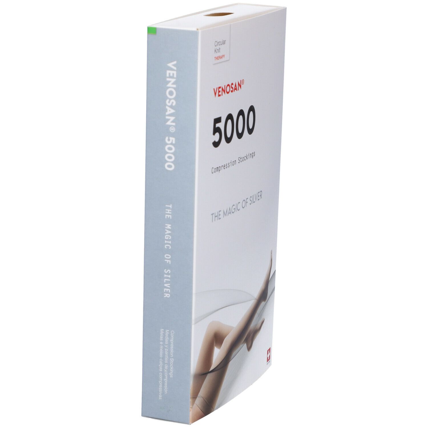 Confezione Venosan 5000 in diagonale. Scritta: Venosan 5000, calze a compressione, The Magic of Silver. Croce svizzera. Marchio verde.