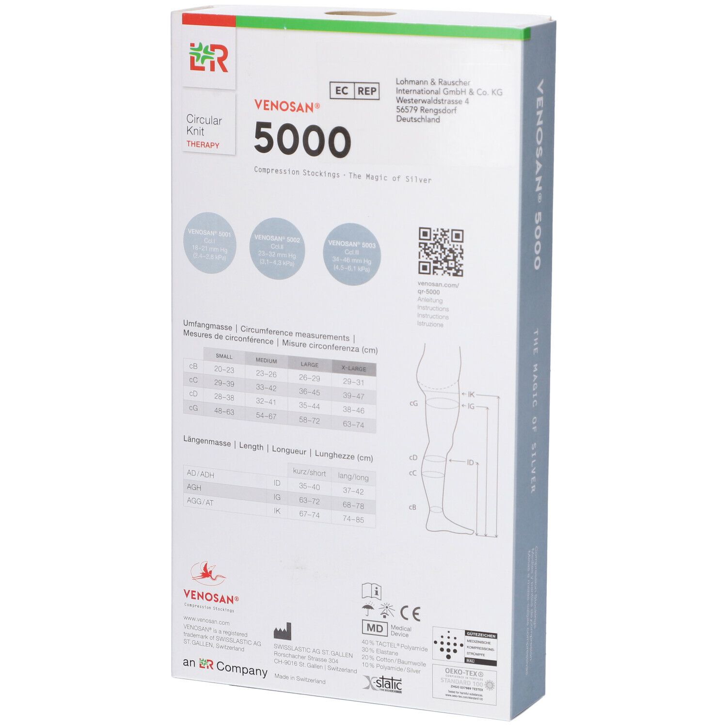 Retro della confezione Venosan 5000. Scritta: Venosan 5000, calze a compressione. Tabella taglie, codice QR, marchio CE.