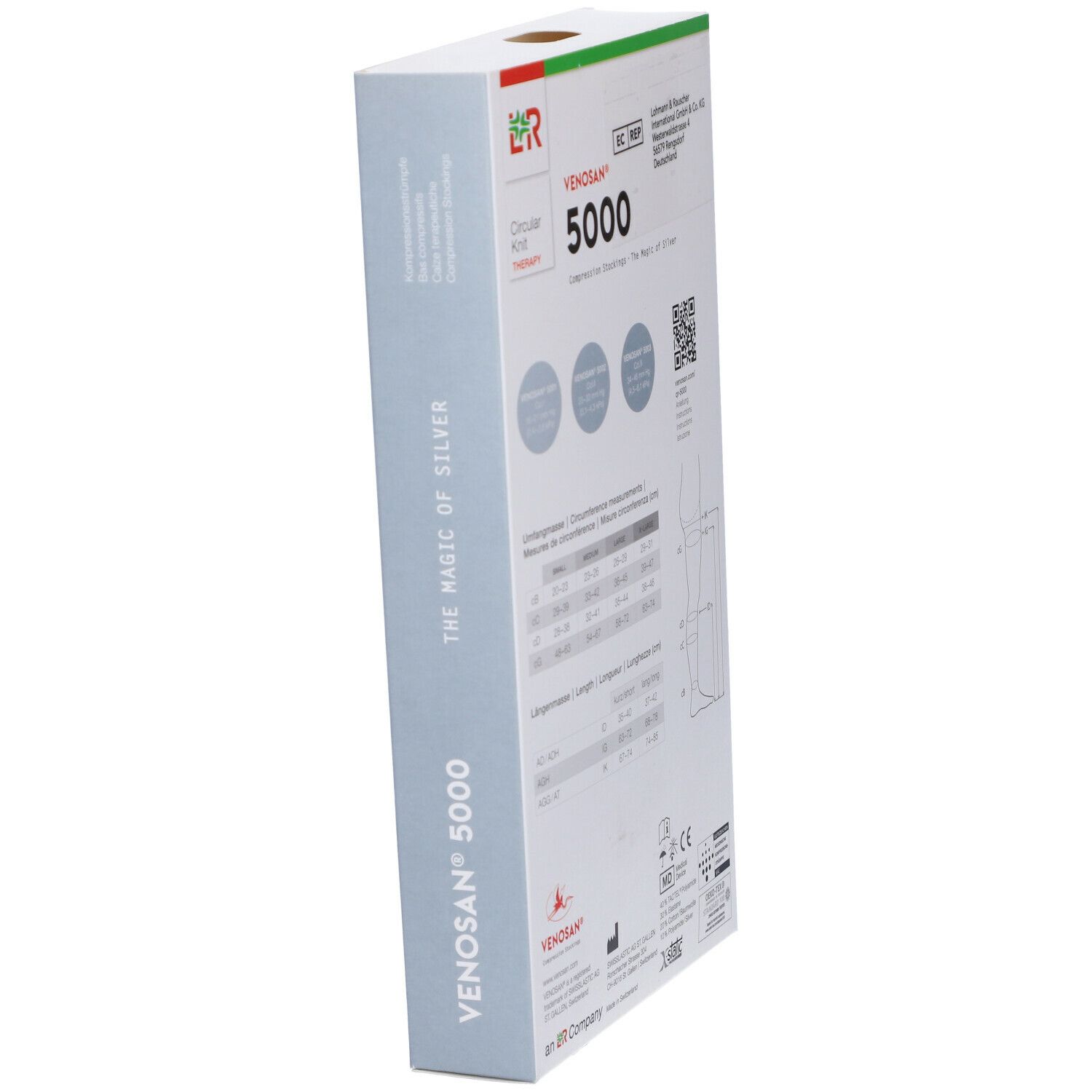 Confezione Venosan 5000 in diagonale. Scritta: Venosan 5000, calze a compressione. Tabella taglie, codice QR, marchio CE.