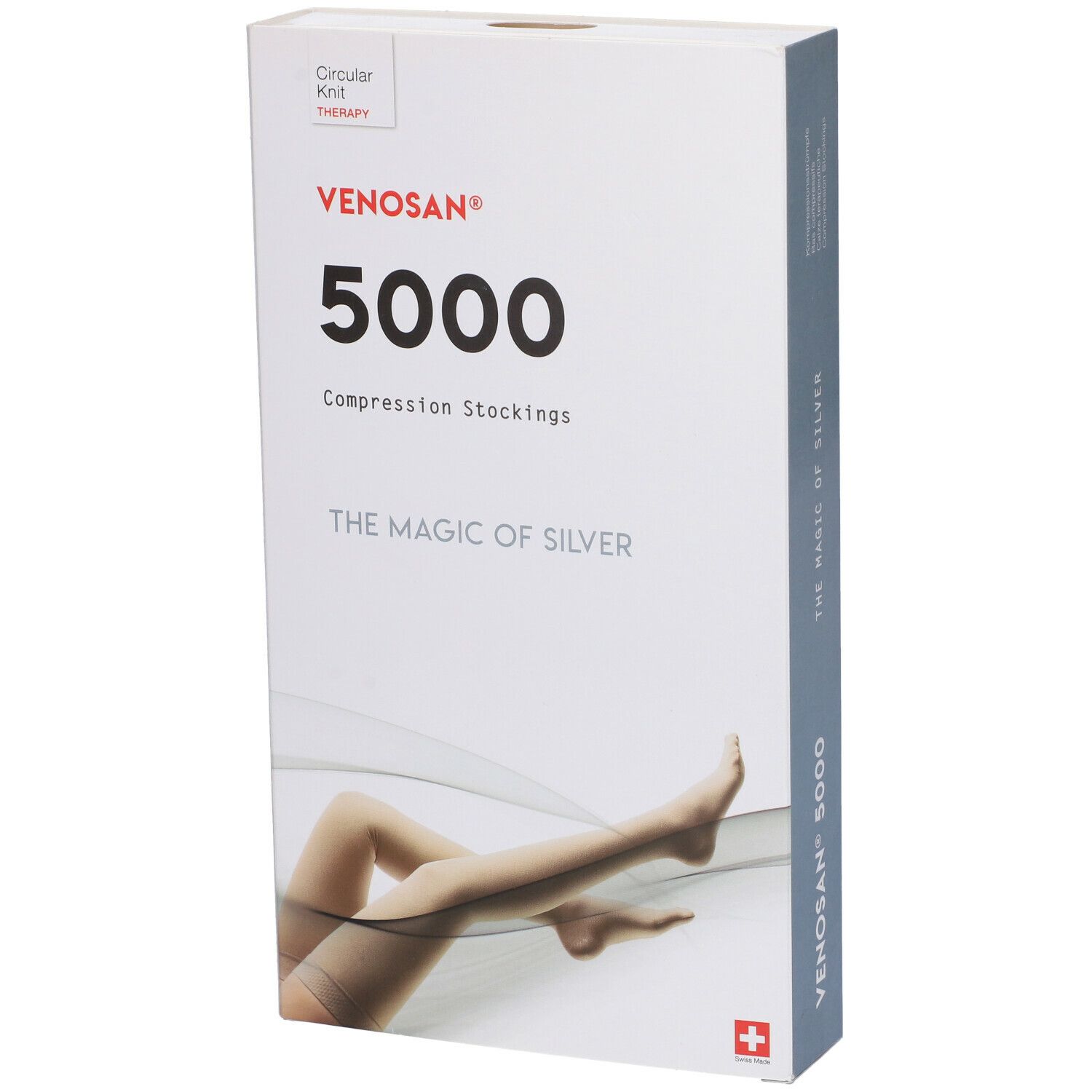 Confezione di calze a compressione Venosan 5000. Scritta: Venosan 5000, The Magic of Silver. Immagine di gambe con calze.