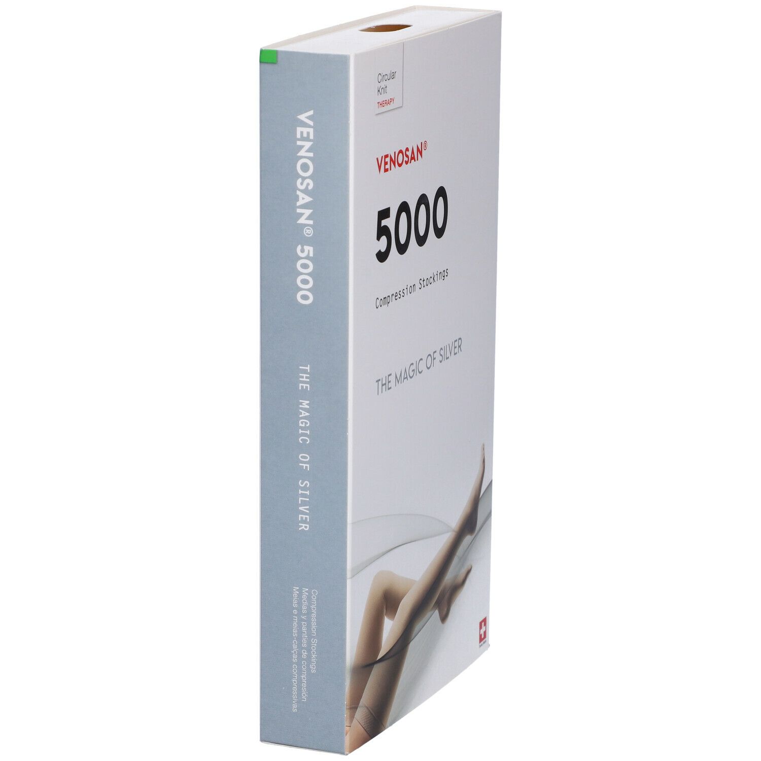Confezione Venosan 5000. Scritta: Venosan 5000, The Magic of Silver. La confezione è parzialmente vista di lato.