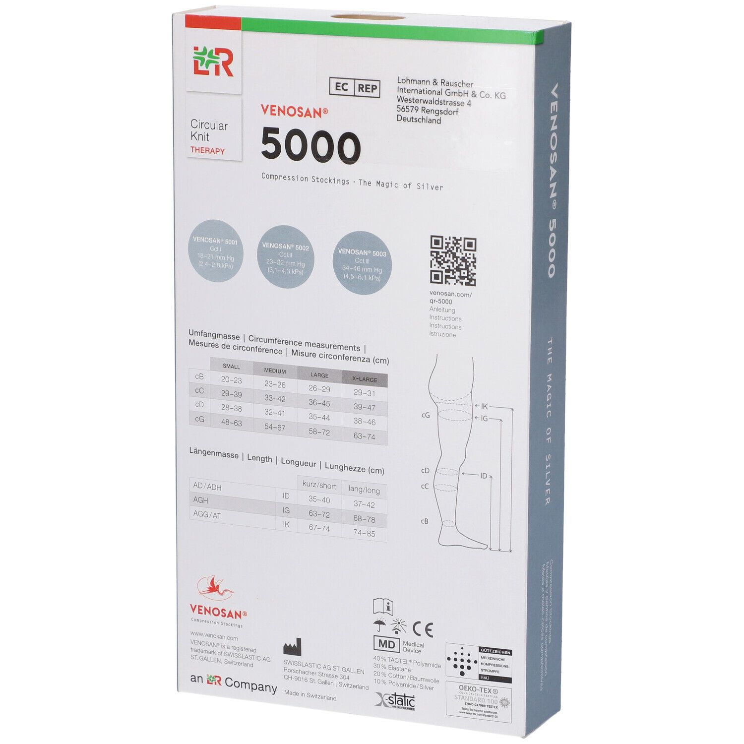Retro della confezione Venosan 5000. Informazioni su taglie, misure e produttore. Codice QR e marchio CE.