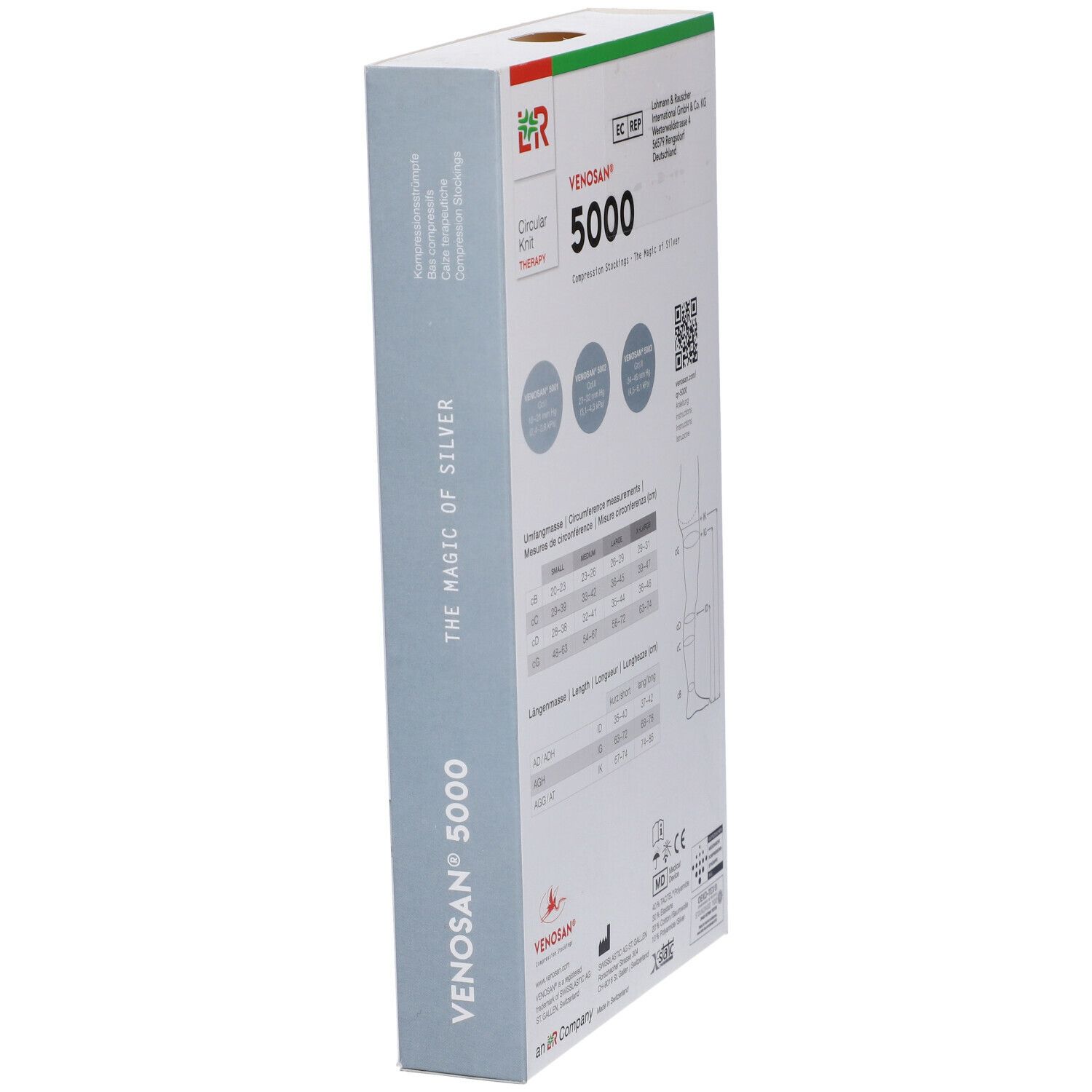 Confezione Venosan 5000 vista di lato. Scritta: Venosan 5000. Informazioni su taglie e produttore. Marchio CE.