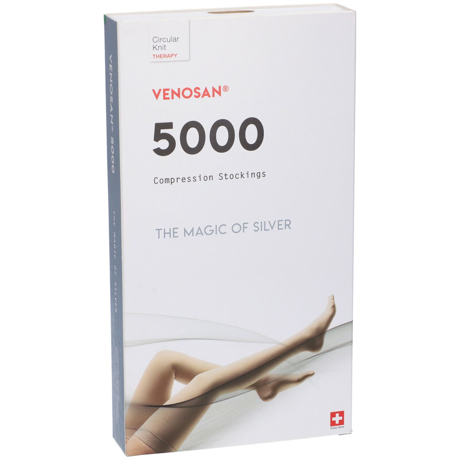 Confezione di calze a compressione Venosan 5000. Scritta: Venosan 5000, The Magic of Silver. Immagine di gambe con calze.