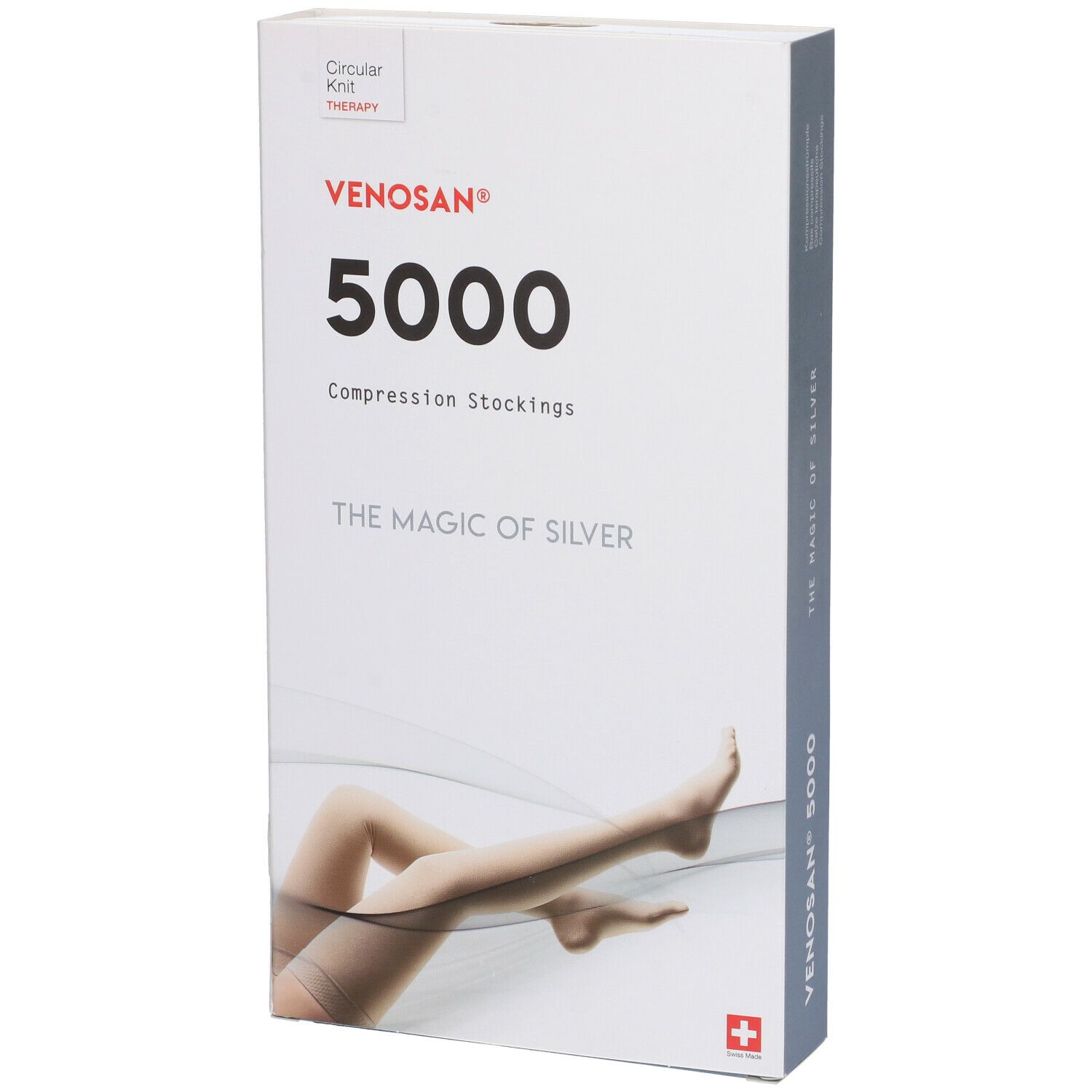 Confezione di calze a compressione Venosan 5000. Scatola bianca con nome, logo e illustrazione di gambe.