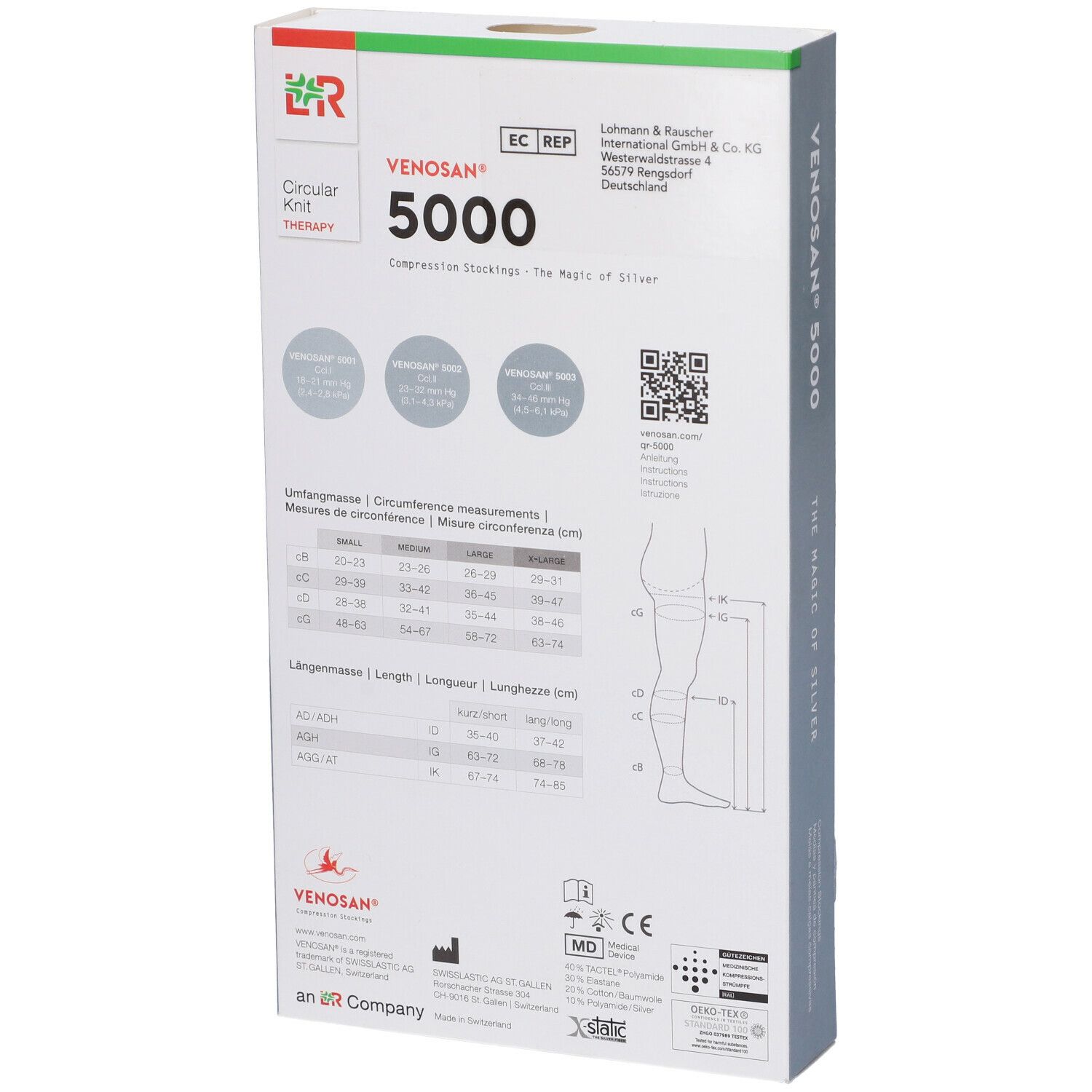 Confezione Venosan 5000. Retro con informazioni, tabella taglie e codice QR. Scatola bianca.