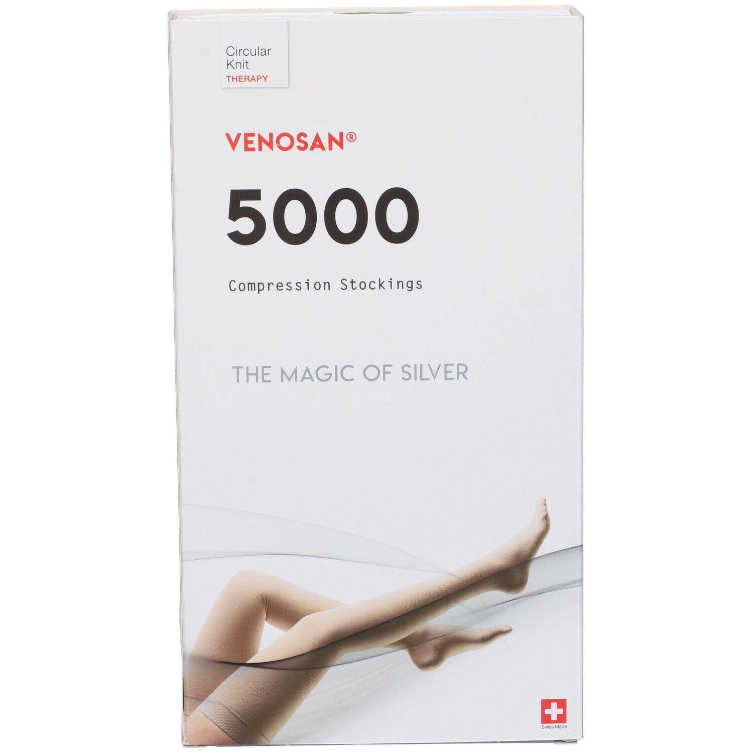 Confezione di calze a compressione Venosan 5000. Scatola bianca con nome, logo e illustrazione di gambe.