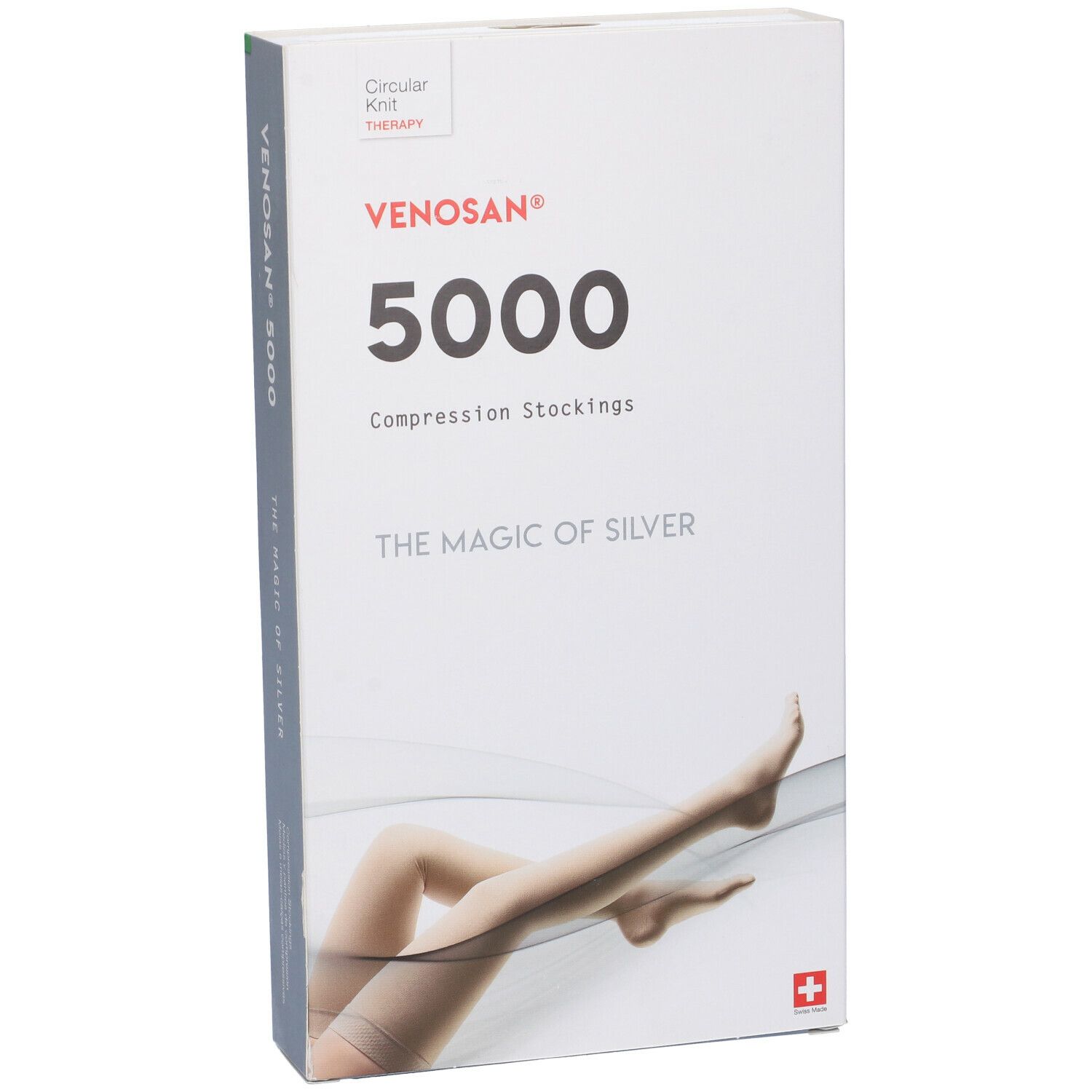 Confezione di calze a compressione Venosan 5000. Scatola bianca con nome, logo e illustrazione di gambe.