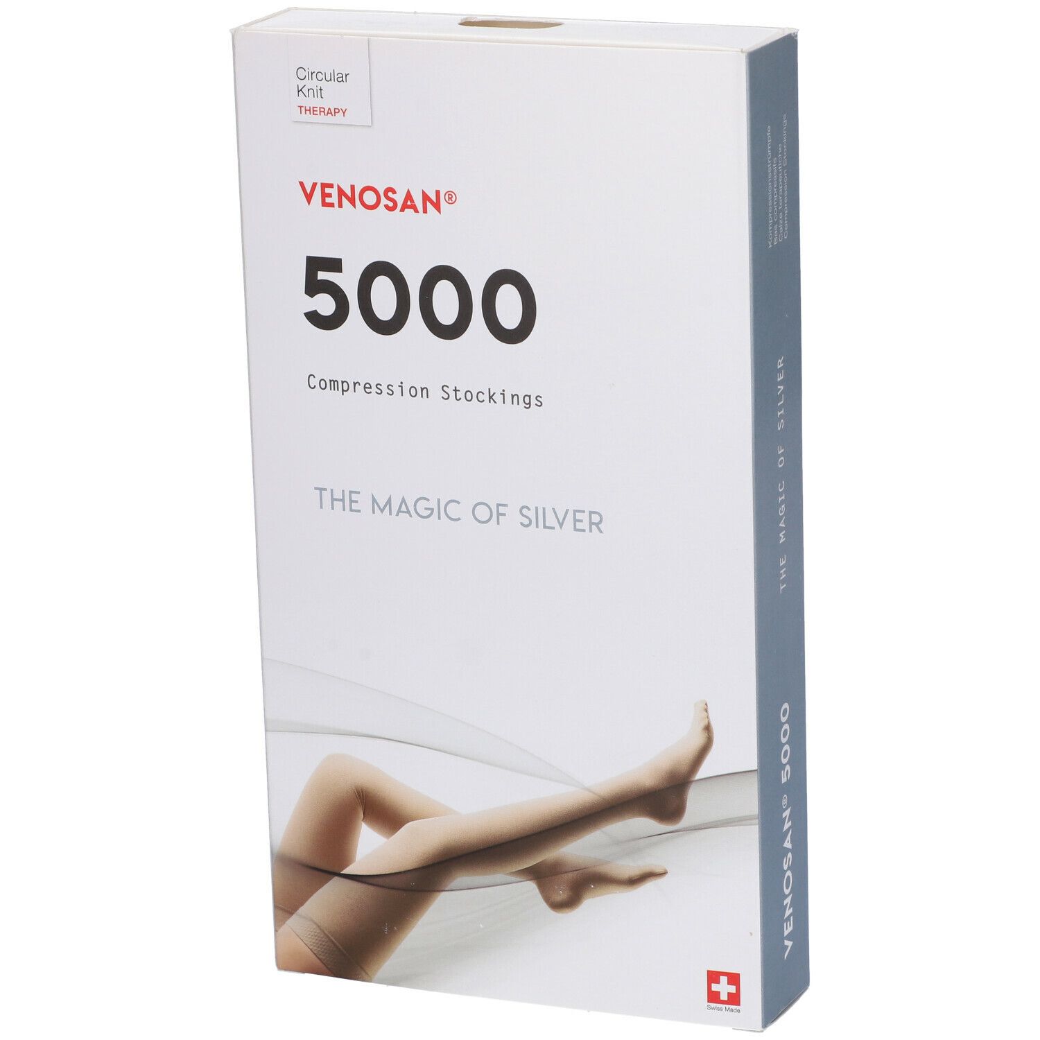 Confezione di calze a compressione Venosan 5000. Scritta: Venosan 5000, The Magic of Silver. Immagine: gambe con calze.
