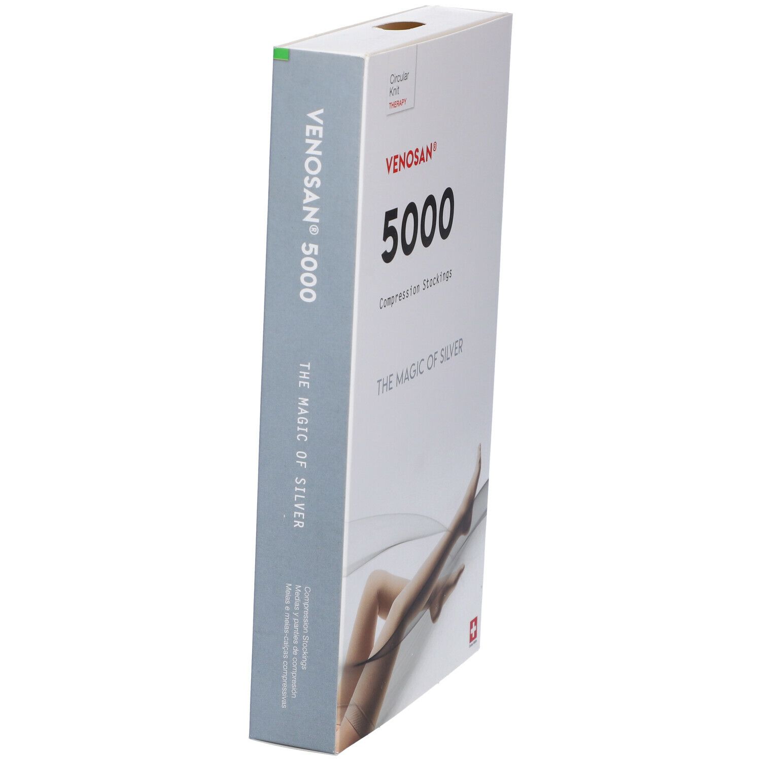 Confezione di calze a compressione Venosan 5000. Scritta: Venosan 5000, The Magic of Silver. Vista laterale.