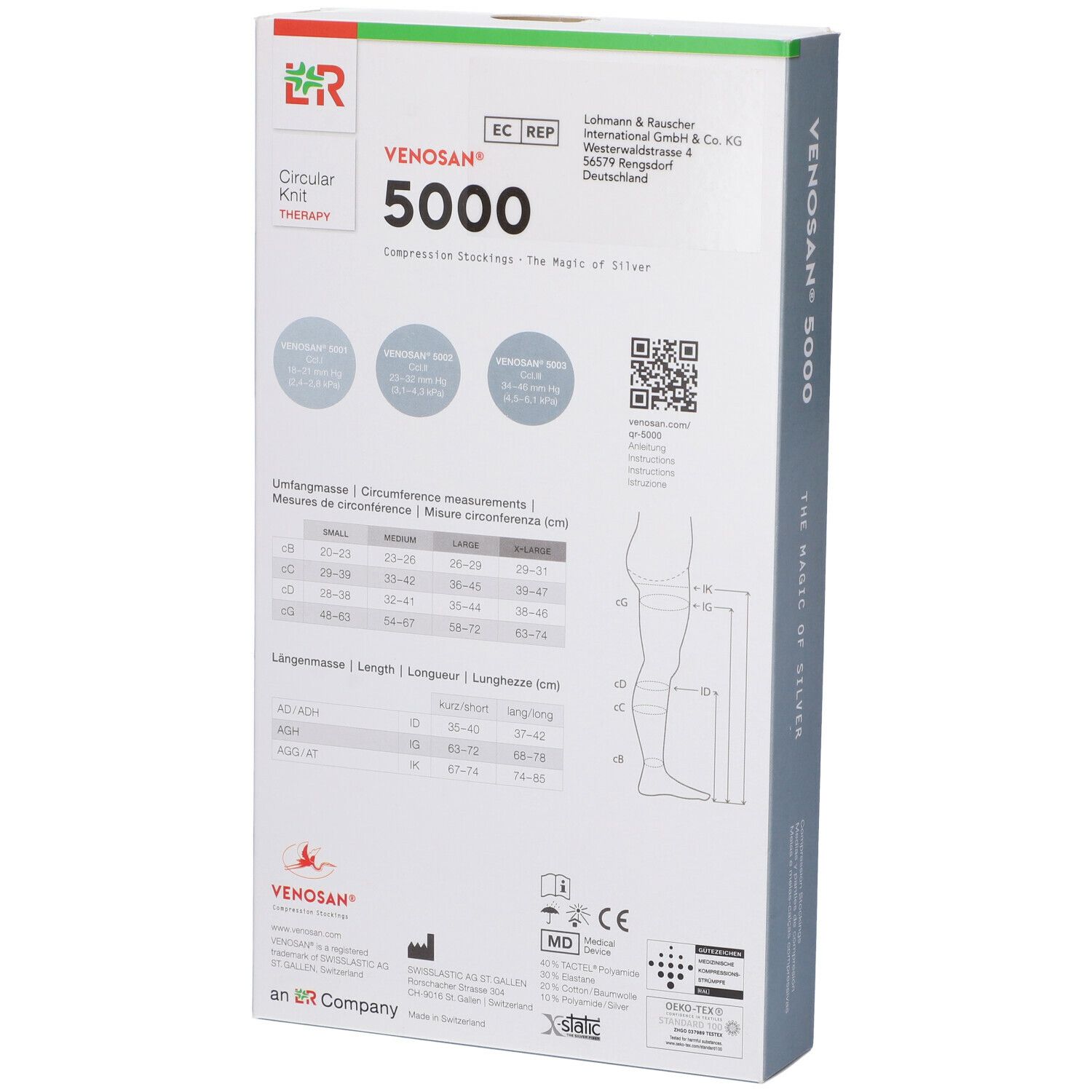 Retro della confezione Venosan 5000. Scritta: Venosan 5000, informazioni taglie, produttore, codice QR, certificazioni.