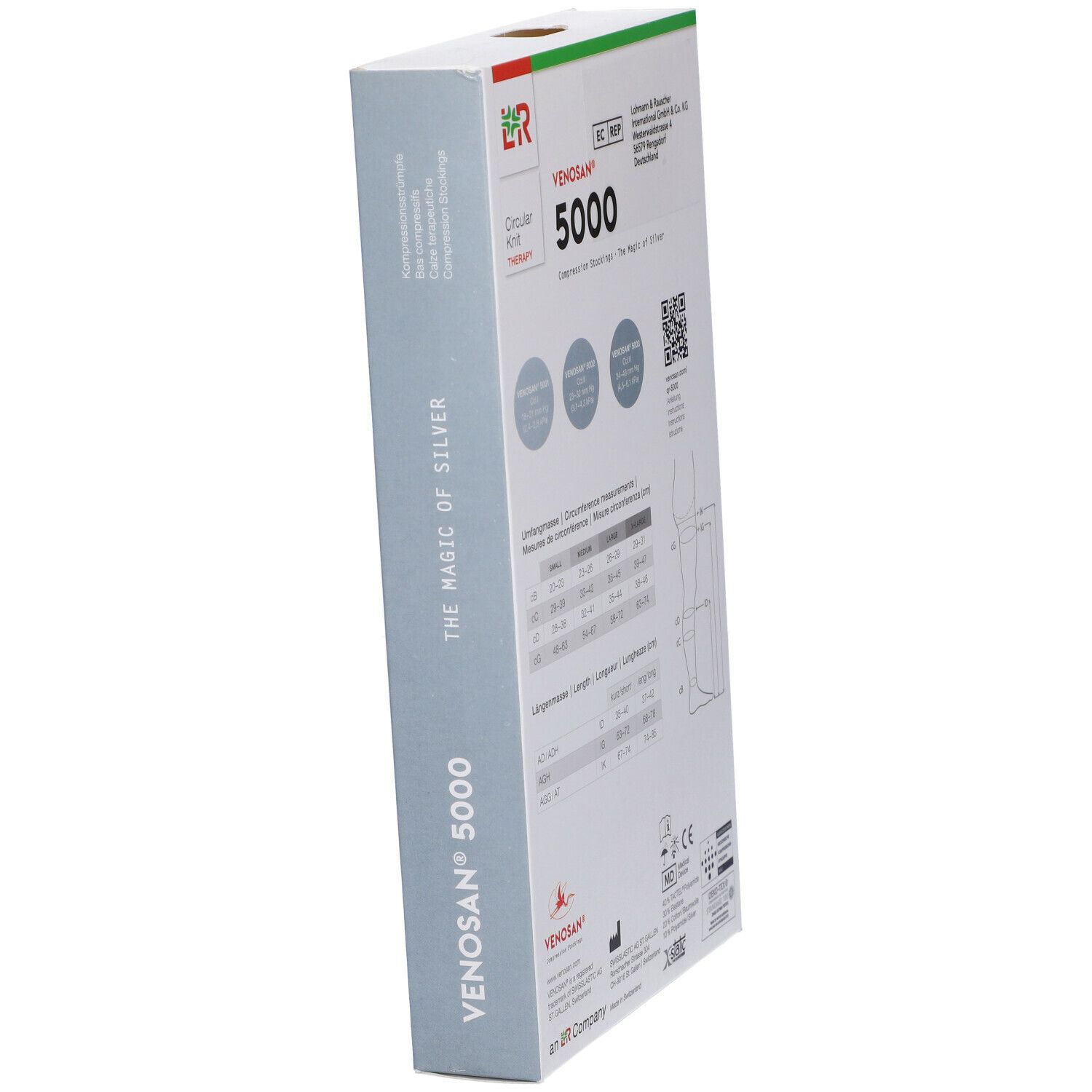Confezione Venosan 5000, vista laterale. Scritta: Venosan 5000, informazioni produttore, codice QR, certificazioni.