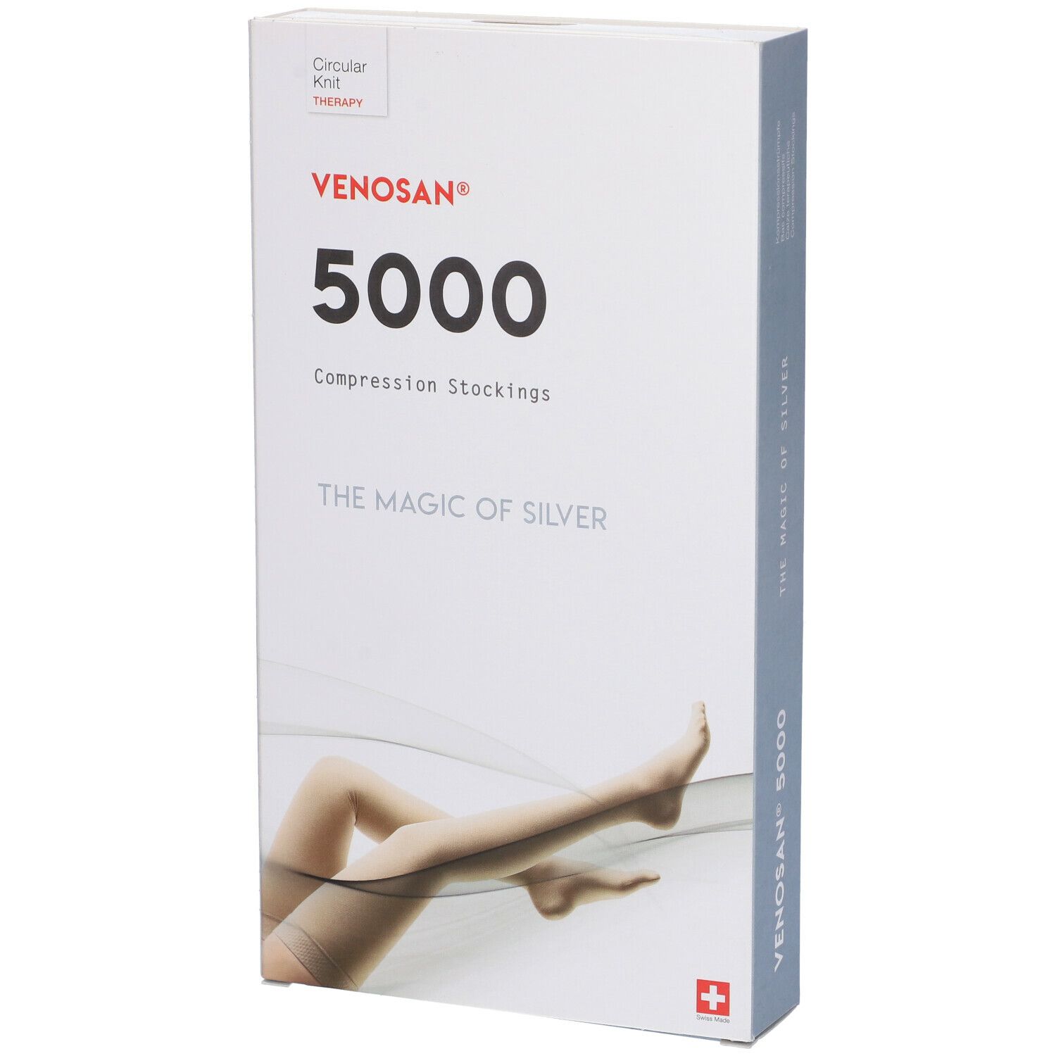 Confezione di calze a compressione Venosan 5000. Scritte: Venosan, 5000, Compression Stockings, The Magic of Silver. Immagine di gambe.