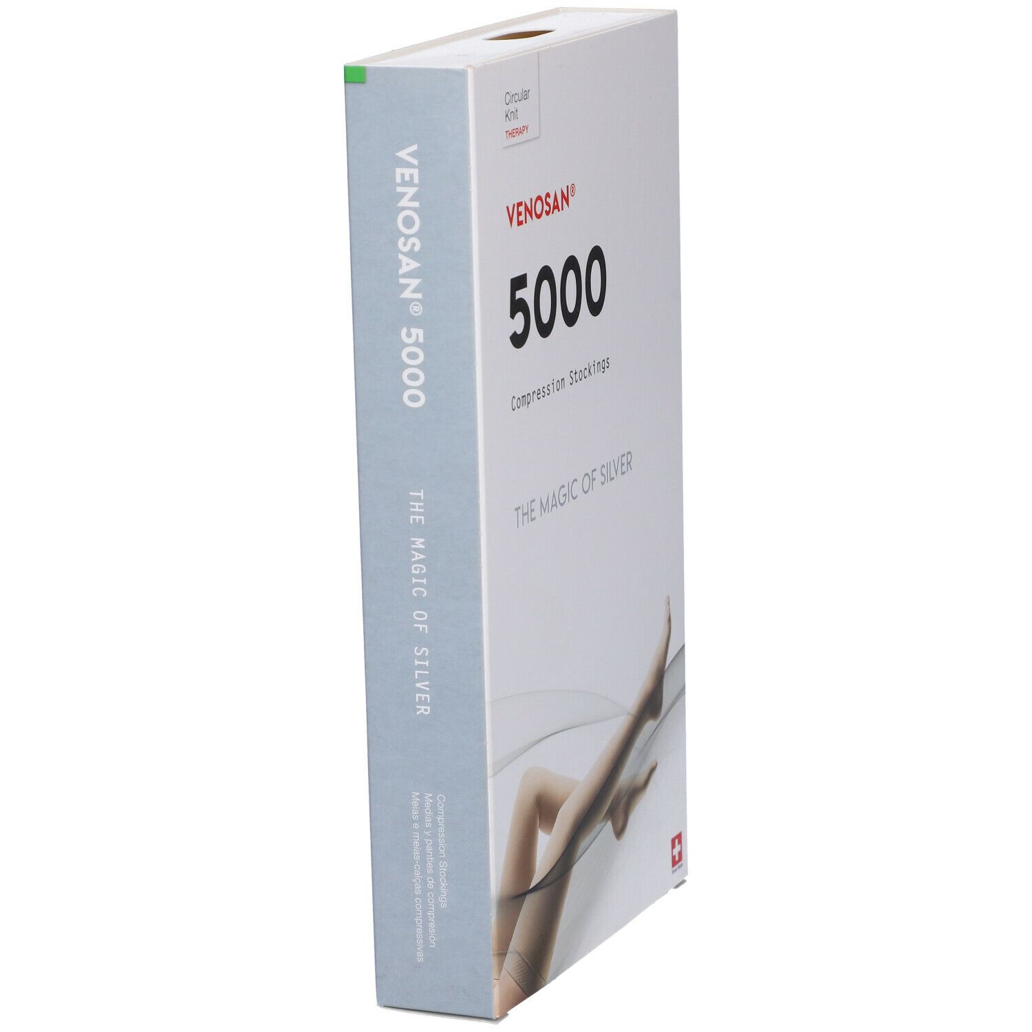 Confezione di calze a compressione Venosan 5000. Scritte: Venosan, 5000, Compression Stockings, The Magic of Silver. Croce svizzera.