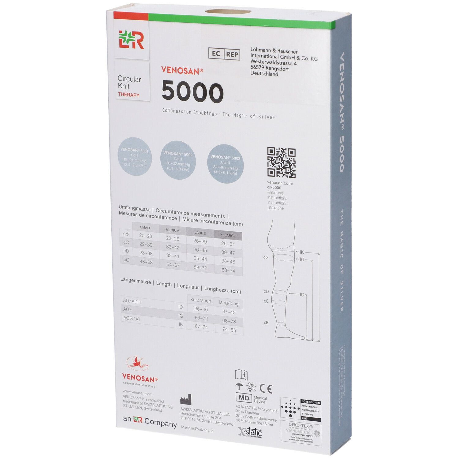 Retro confezione Venosan 5000. Informazioni su circonferenza, lunghezza, produttore, codice QR, marchio CE, simbolo MD.