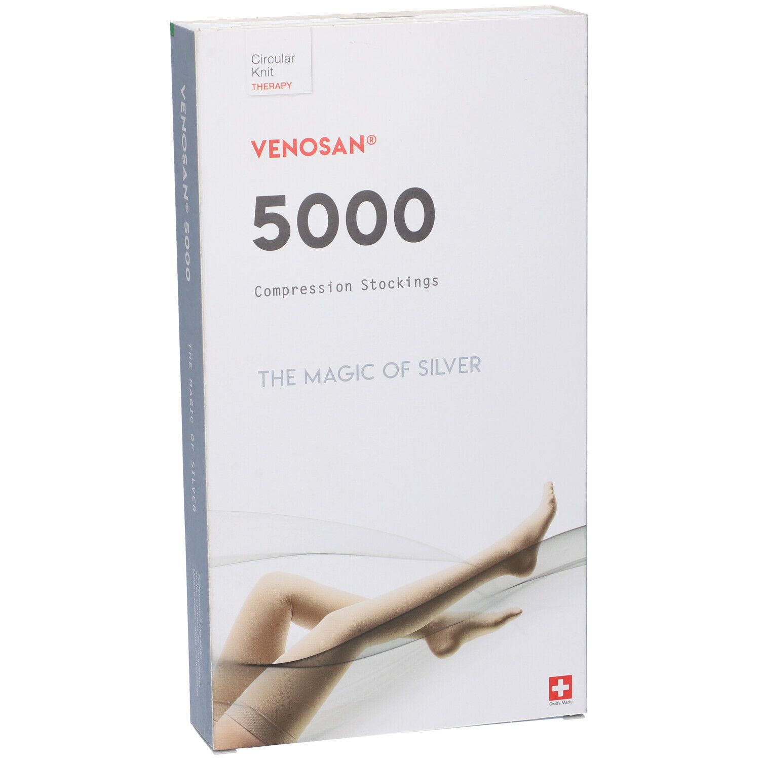 Confezione di calze a compressione Venosan 5000. Scritte: Venosan, 5000, Compression Stockings, The Magic of Silver. Croce svizzera.