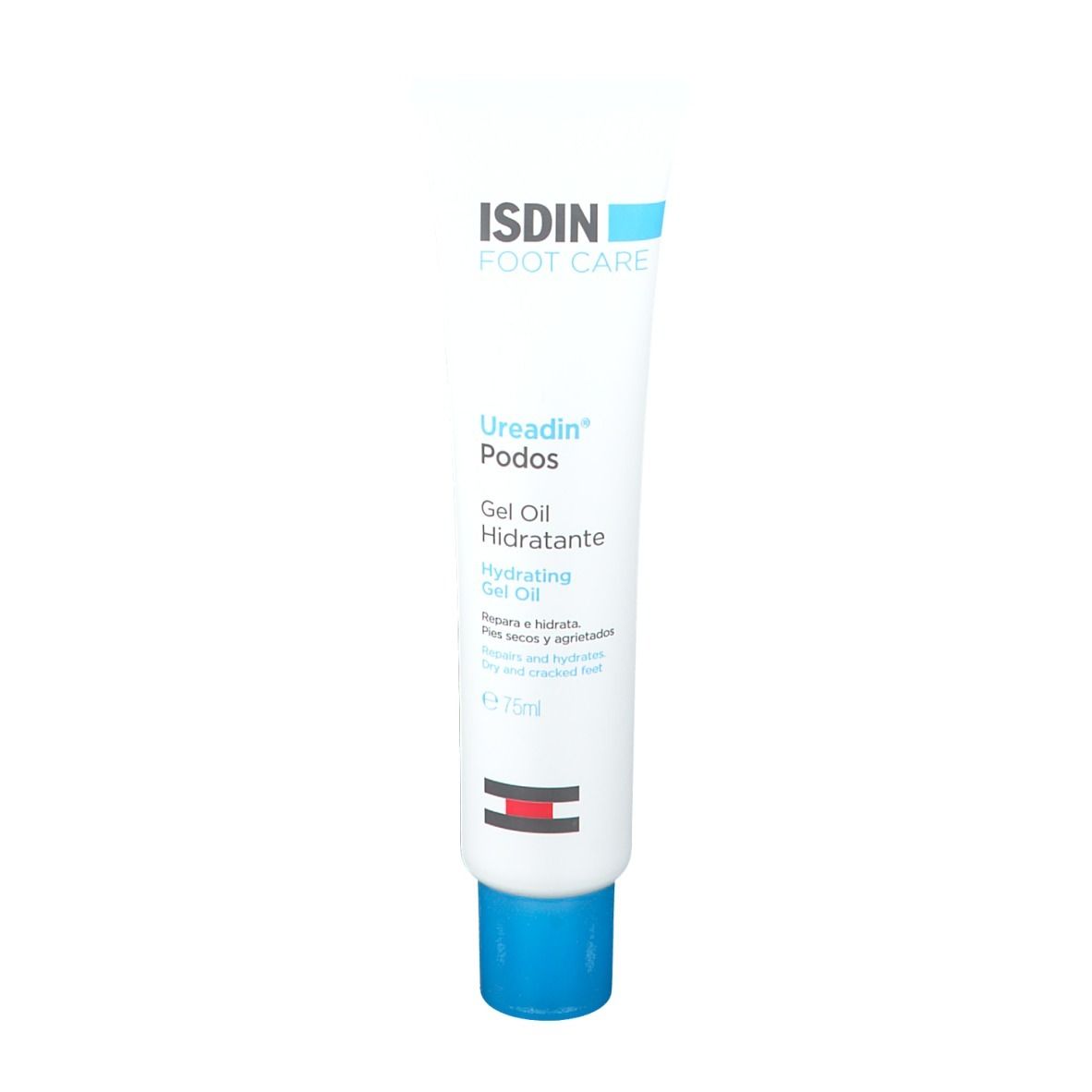 Tube de ISDIN Foot Care Ureadin Podos Gel Oil. Blanc, bleu et rouge.