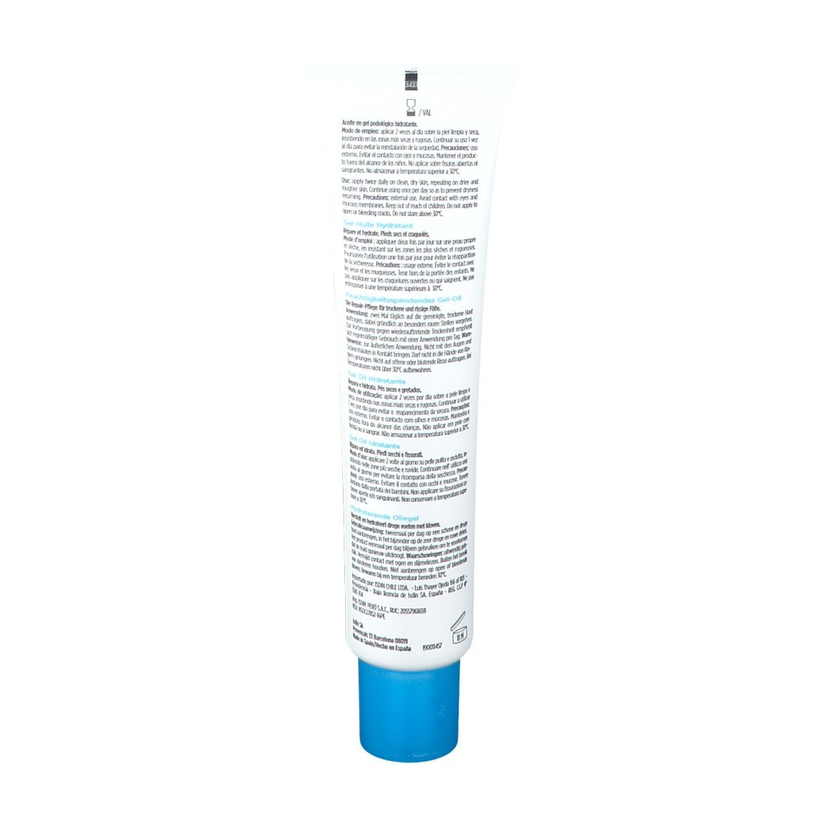 Dos du tube de ISDIN Foot Care Ureadin Podos Gel Oil. Texte en plusieurs langues.