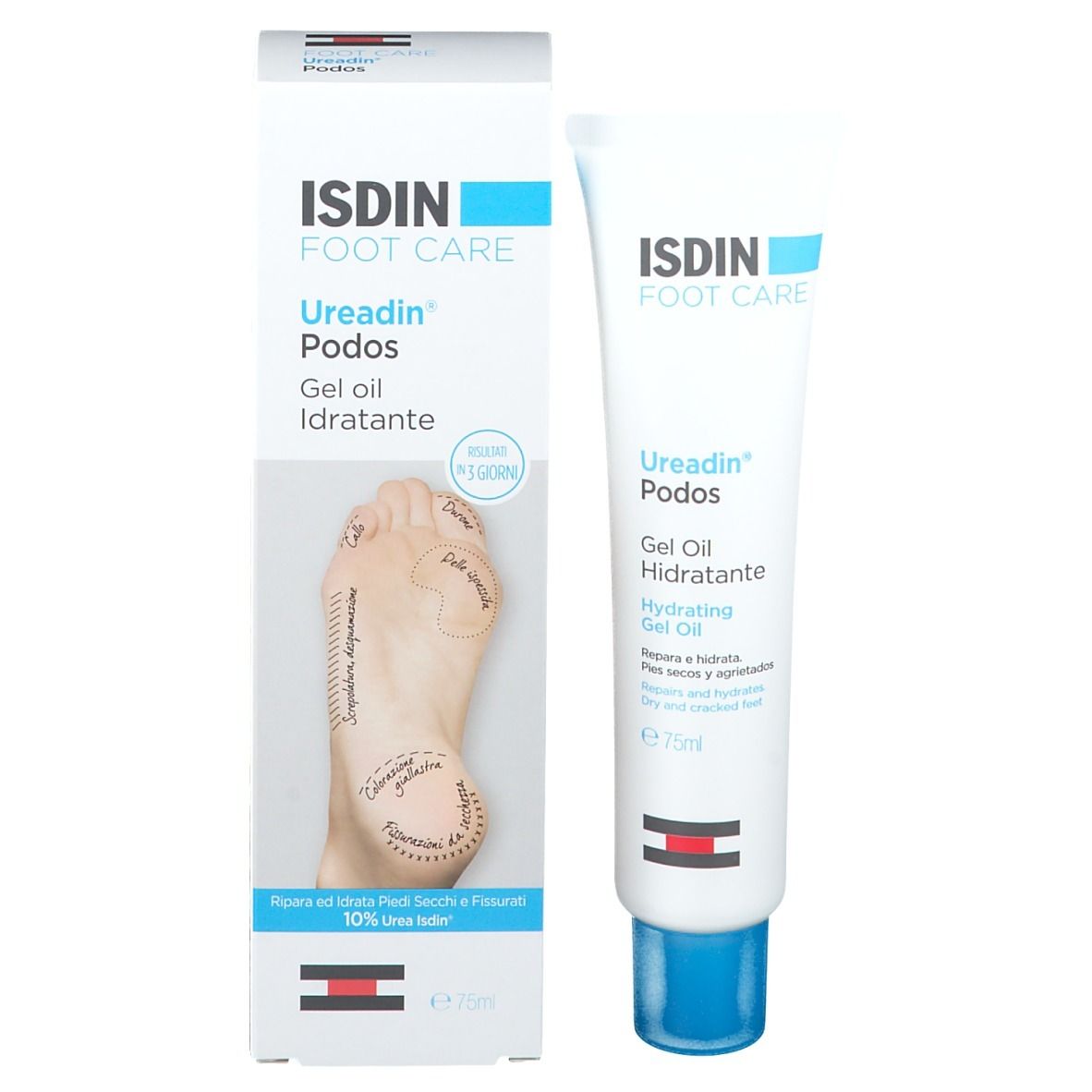 Emballage et tube de ISDIN Foot Care Ureadin Podos Gel Oil. Un pied est illustré sur l'emballage.