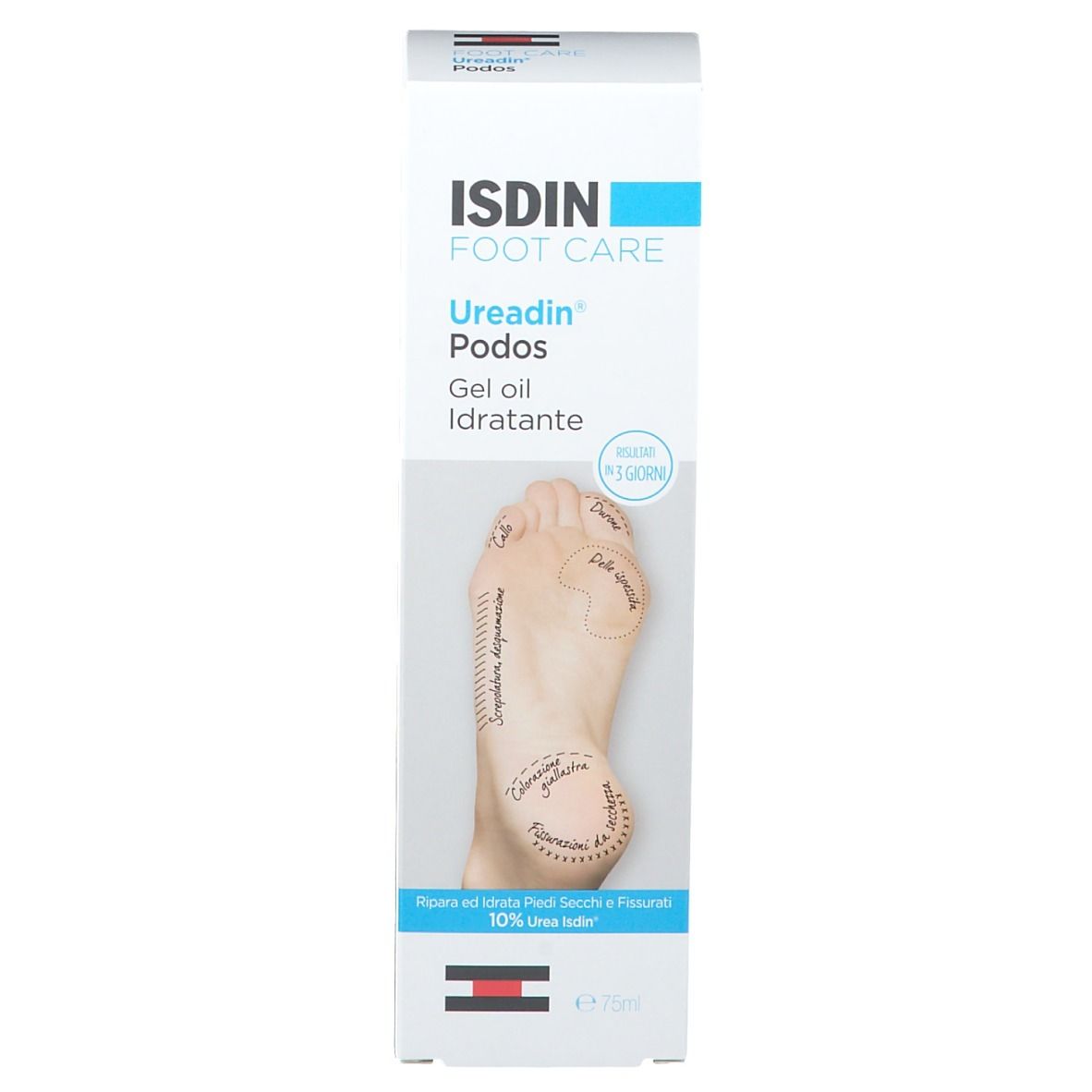 Emballage de ISDIN Foot Care Ureadin Podos Gel Oil. Un pied est illustré sur l'emballage.