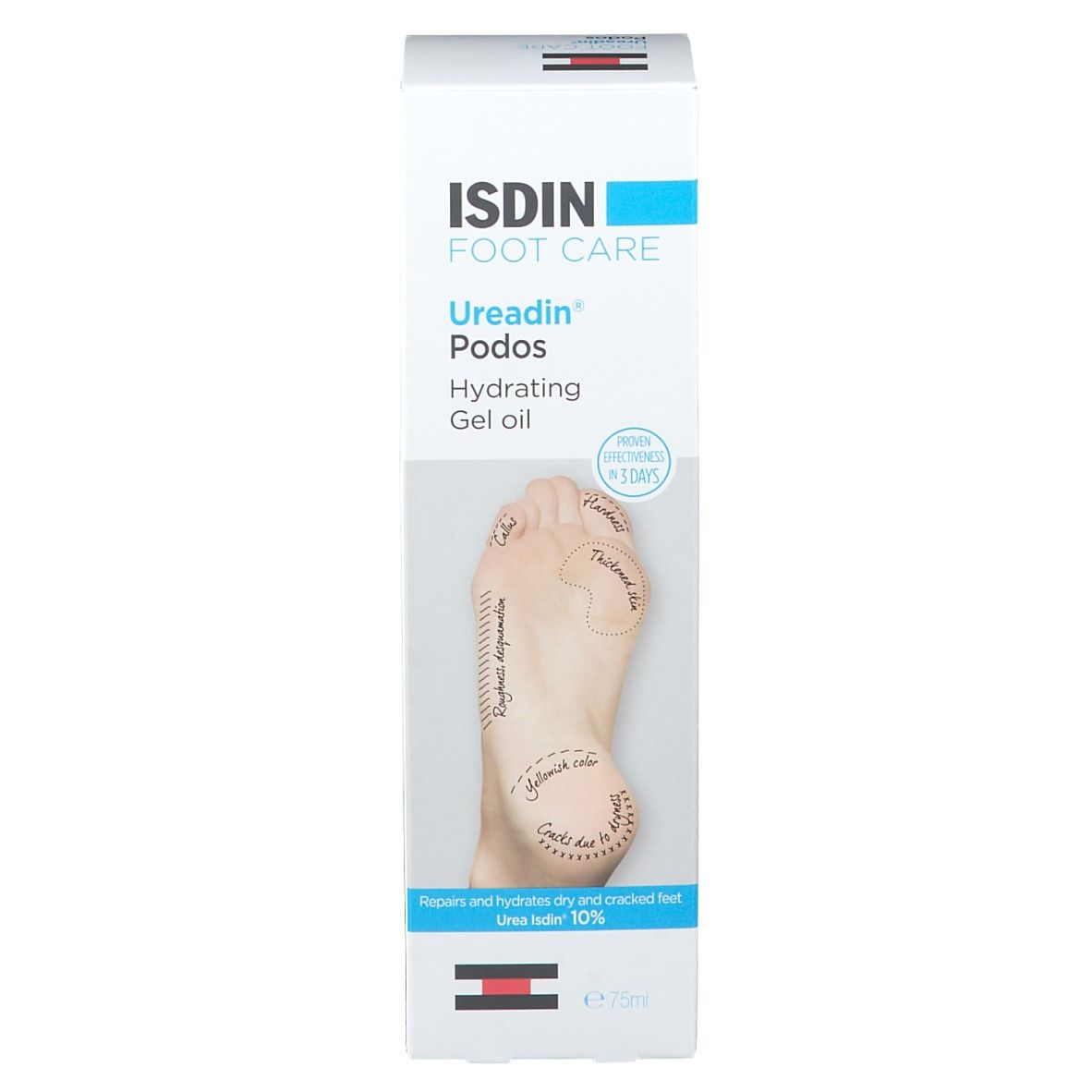 Emballage de ISDIN Foot Care Ureadin Podos Gel Oil. Un pied est illustré sur l'emballage.