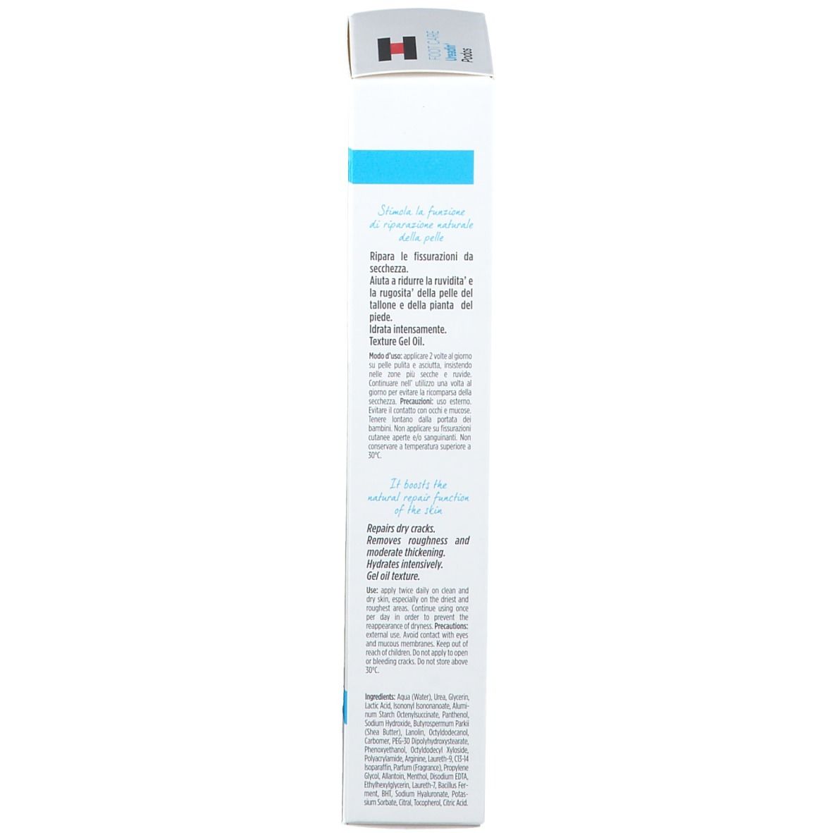 Dos de l'emballage de ISDIN Foot Care Ureadin Podos Gel Oil. Texte en plusieurs langues.