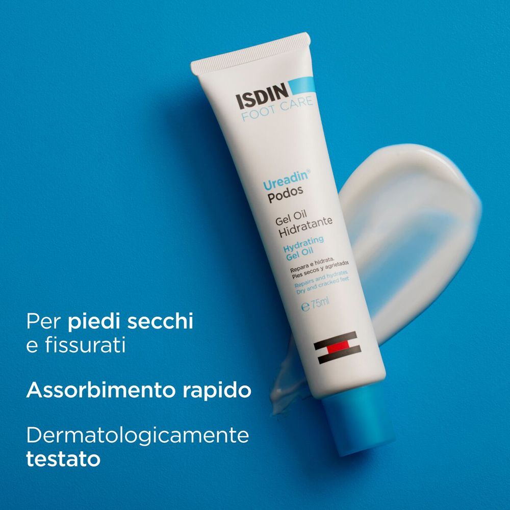 Tube de ISDIN Foot Care Ureadin Podos Gel Oil sur fond bleu. Texte : Per piedi secchi e fissurati, Assorbimento rapido.