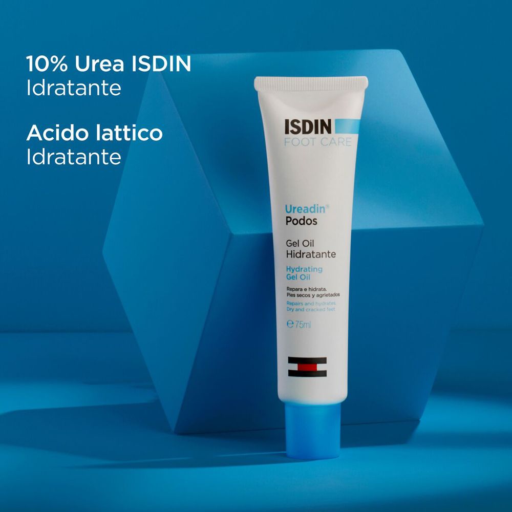 Tube de ISDIN Foot Care Ureadin Podos Gel Oil sur fond bleu. Texte : 10% Urea ISDIN, Acido lattico.
