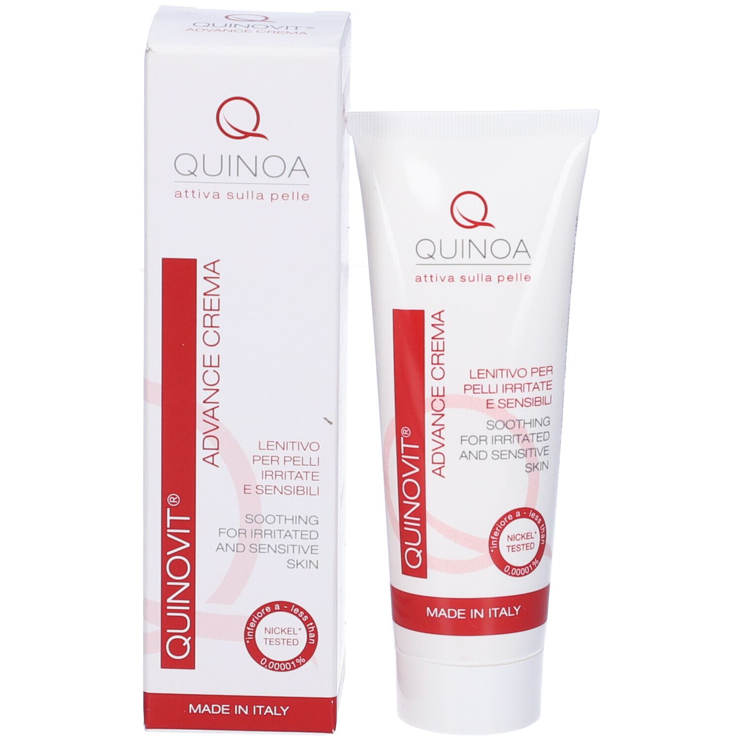 Scatola e tubo bianchi. Nome prodotto: Quinovit Advance Crema. Testo: Lenitivo per pelli irritate e sensibili. Testato al nichel.