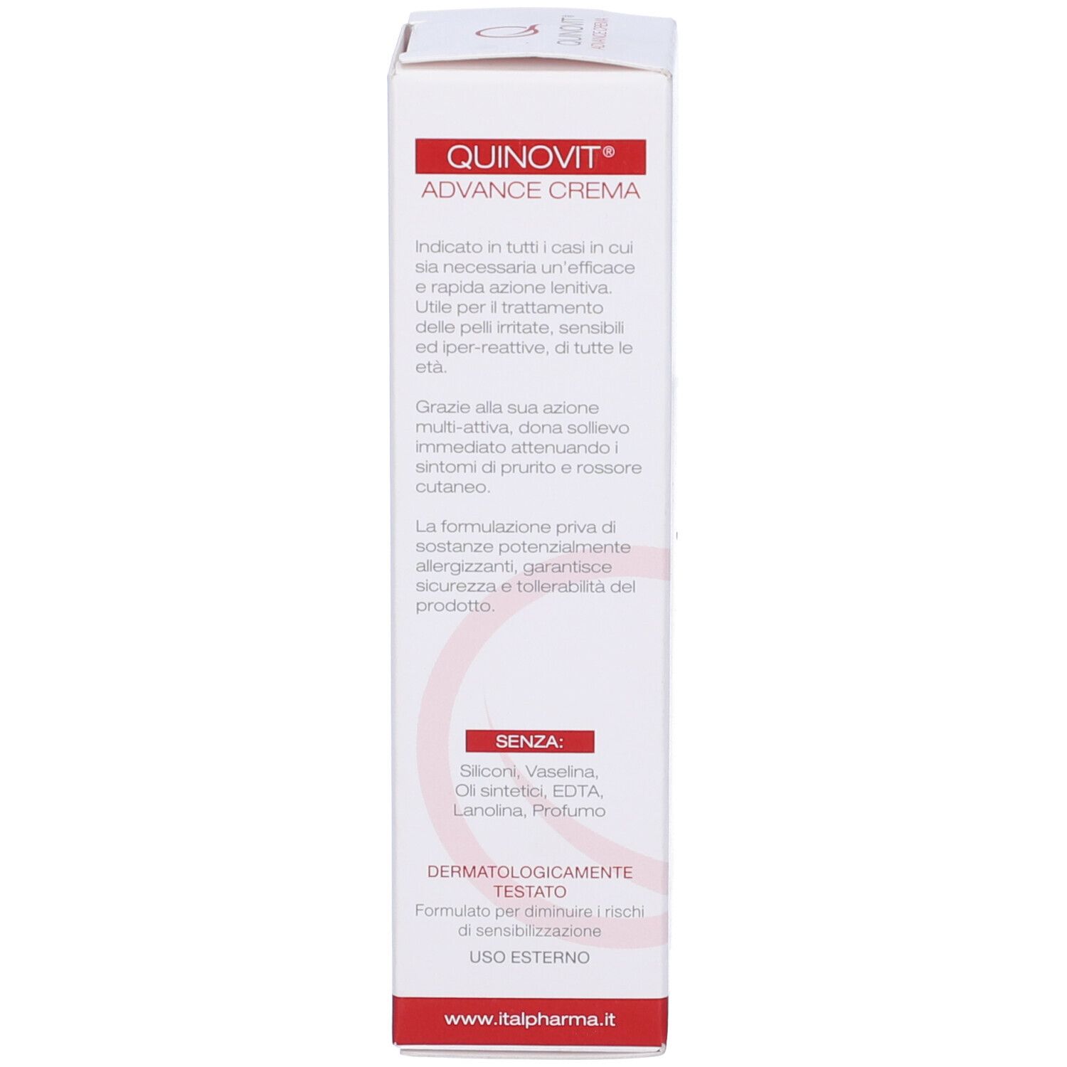 Retro della scatola bianca. Testo: Informazioni sul prodotto, istruzioni per l'uso. Dermatologicamente testato. Uso esterno.