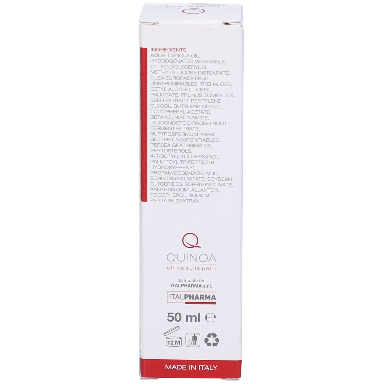 Lato della scatola bianca. Testo: Ingredienti, informazioni sul produttore, 50 ml, simboli di riciclaggio.