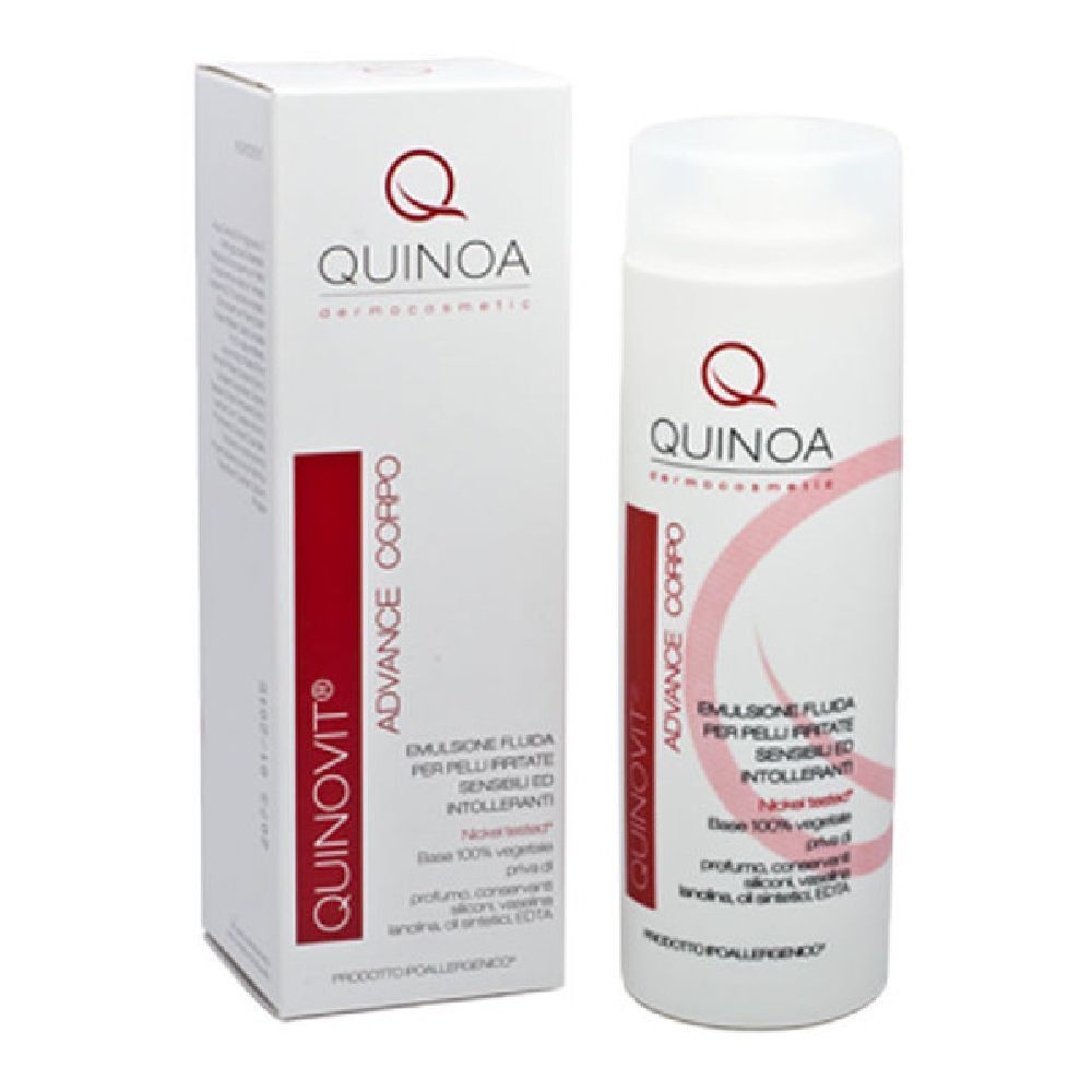 Flacone e scatola bianchi. Scritta: Quinovit Advance Crema Corpo. Striscia rossa con testo. Logo: Q. Prodotto per pelli sensibili.