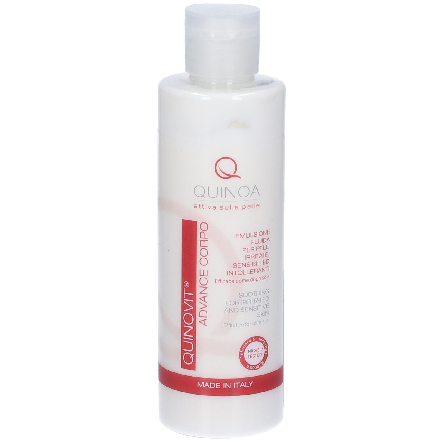 Flacone bianco con tappo a ribalta. Scritta: Quinovit Advance Crema Corpo. Striscia rossa con testo. Logo: Q. Per pelli sensibili.