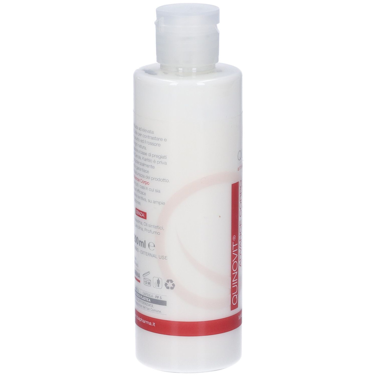 Flacone bianco con tappo a ribalta. Retro con testo. Scritta: Quinovit Advance Crema Corpo. Logo: Q. Per pelli sensibili.