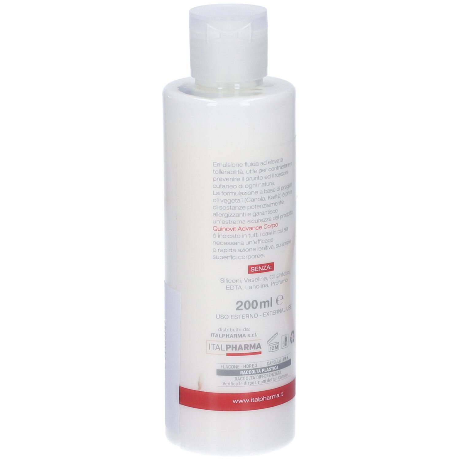 Flacone bianco con tappo a ribalta. Retro con testo. Scritta: Quinovit Advance Crema Corpo. 200ml. Per pelli sensibili.