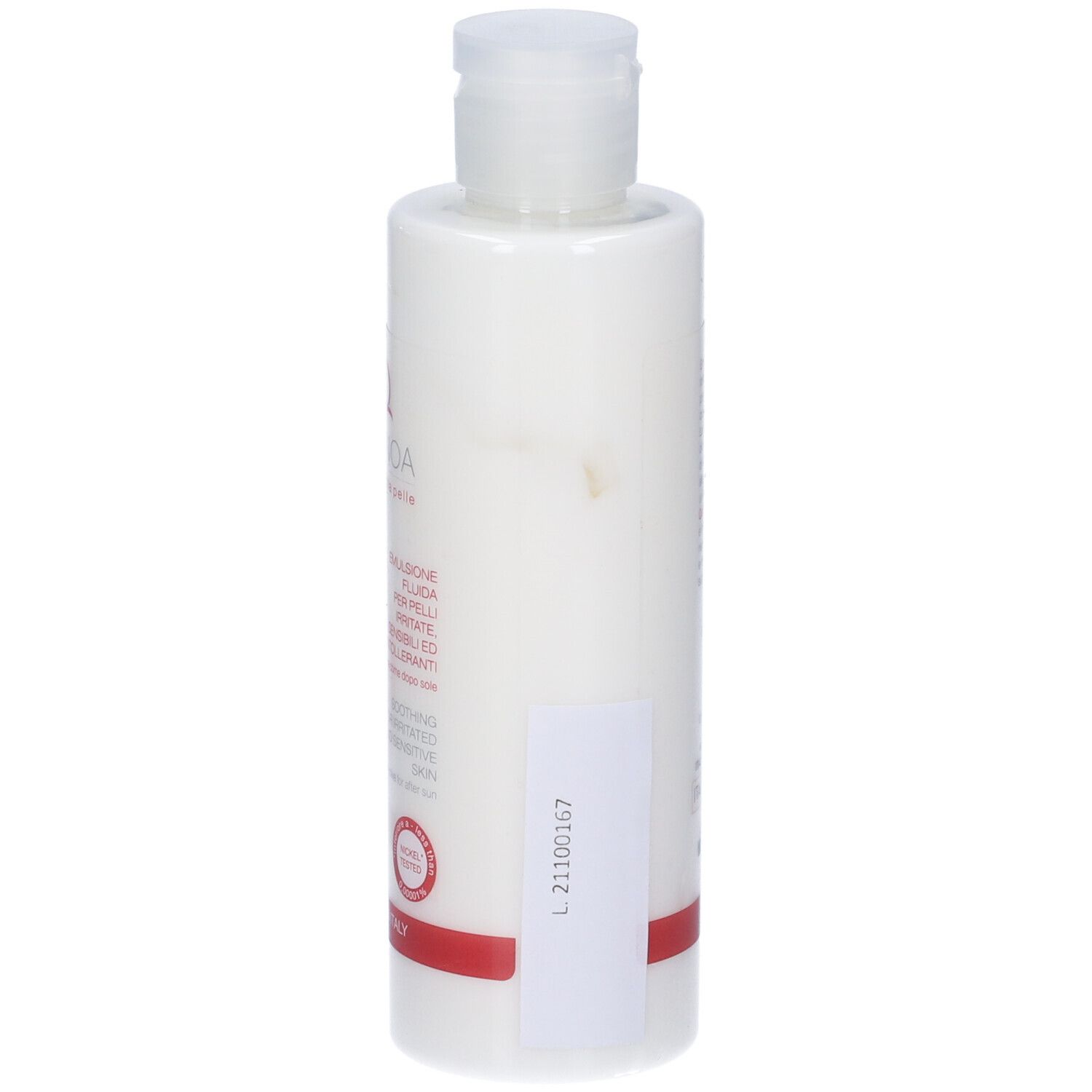 Flacone bianco con tappo a ribalta. Retro con testo. Scritta: Quinovit Advance Crema Corpo. 200ml. Per pelli sensibili.