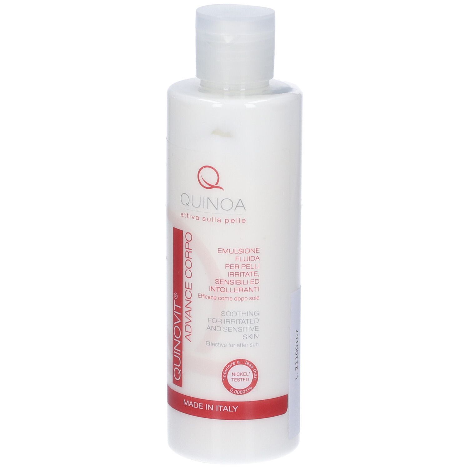 Flacone bianco con tappo a ribalta. Scritta: Quinovit Advance Crema Corpo. Striscia rossa con testo. Logo: Q. Per pelli sensibili.