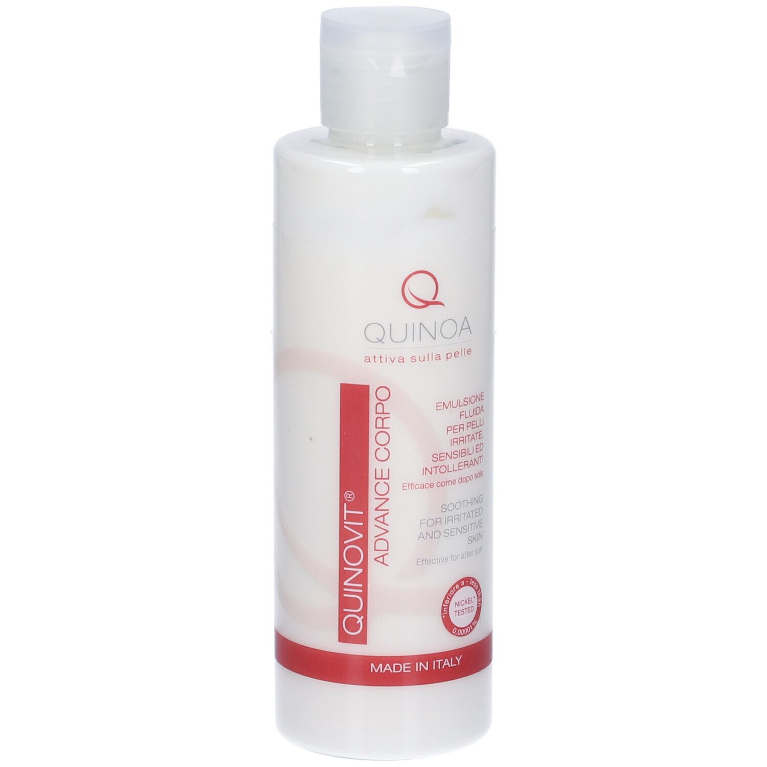 Flacone bianco con tappo a ribalta. Scritta: Quinovit Advance Crema Corpo. Striscia rossa con testo. Logo: Q. Per pelli sensibili.