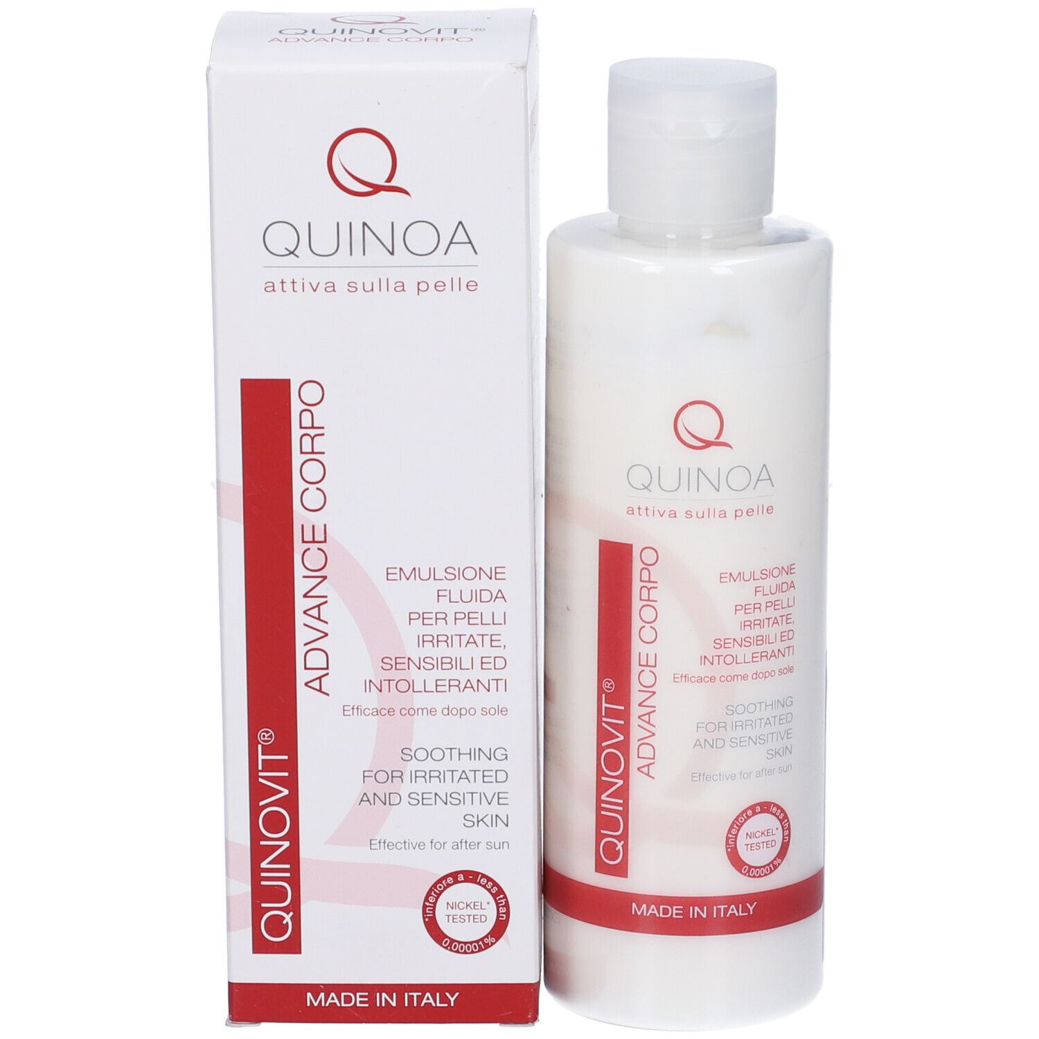 Flacone e scatola bianchi. Scritta: Quinovit Advance Crema Corpo. Striscia rossa con testo. Logo: Q. Per pelli sensibili.