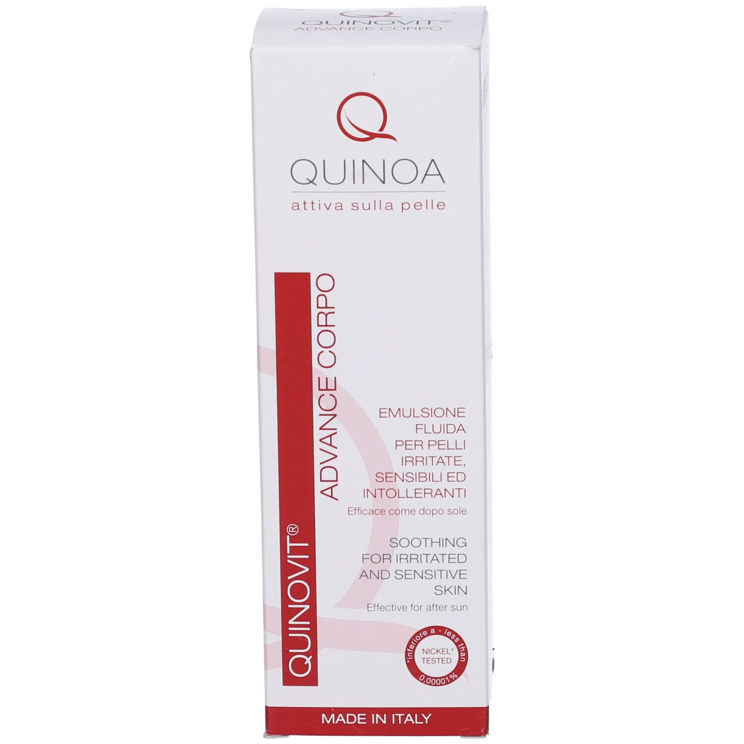 Scatola. Scritta: Quinovit Advance Crema Corpo. Striscia rossa con testo. Logo: Q. Per pelli sensibili.