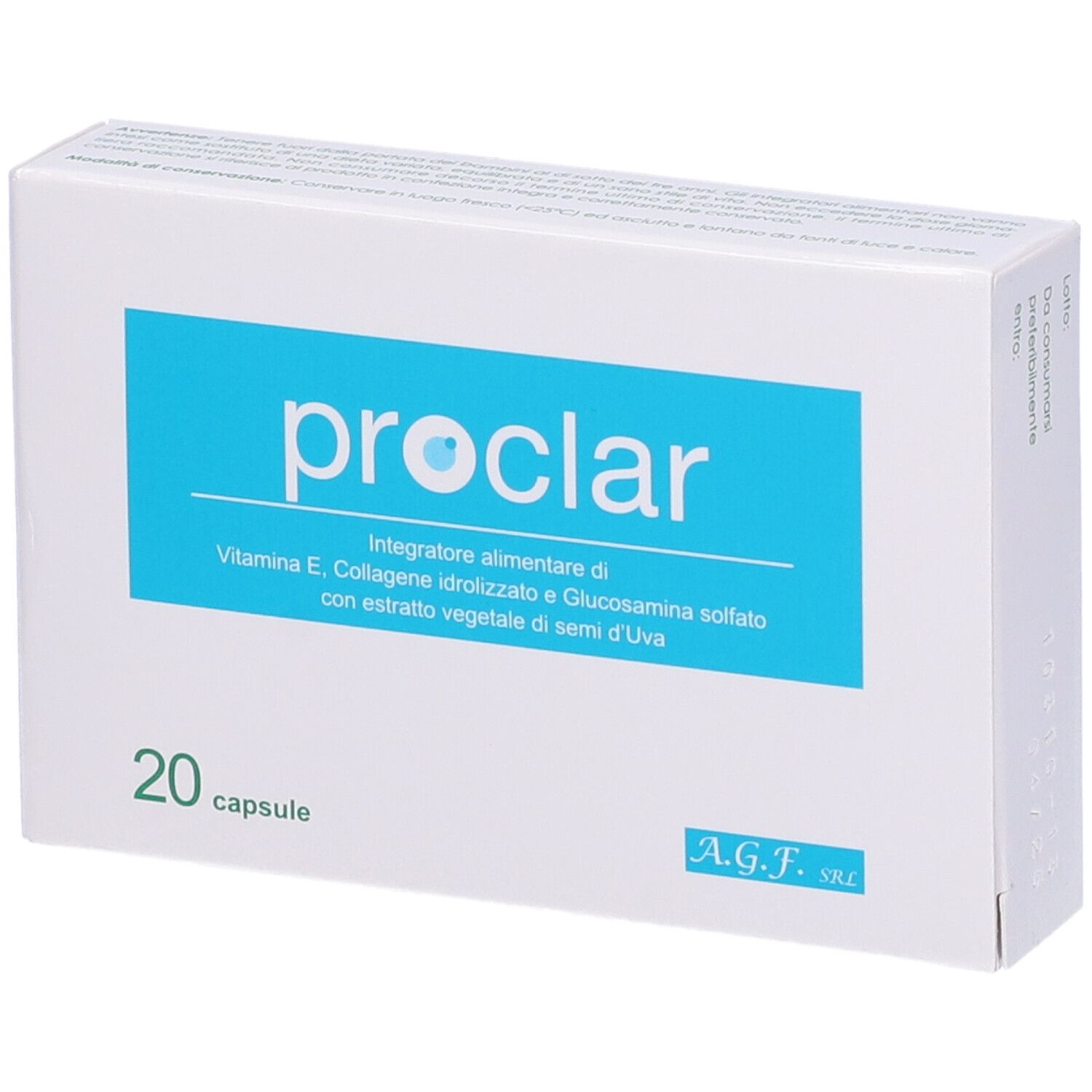 Scatola bianca con rettangolo blu e scritta "proclar". Sotto, "20 capsule".