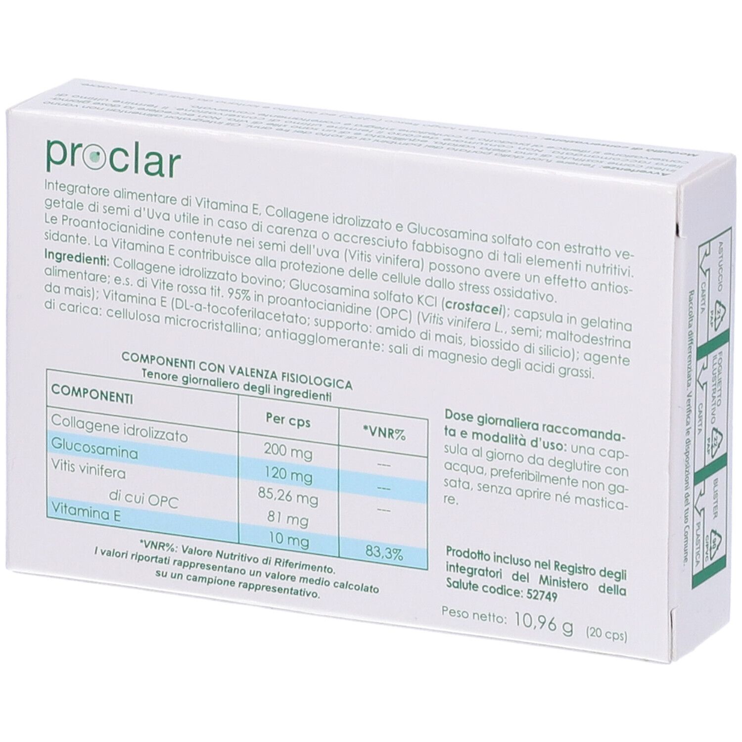 Scatola bianca con testo. Scritta "proclar". Ingredienti e informazioni nutrizionali.