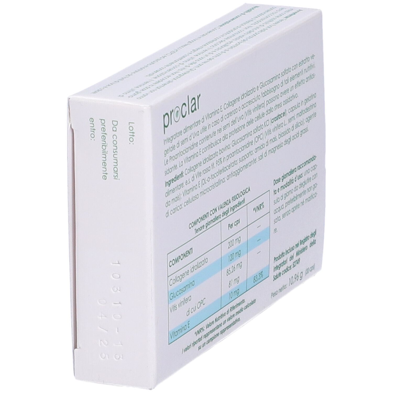 Scatola bianca con testo. Scritta "proclar". Ingredienti e informazioni nutrizionali.