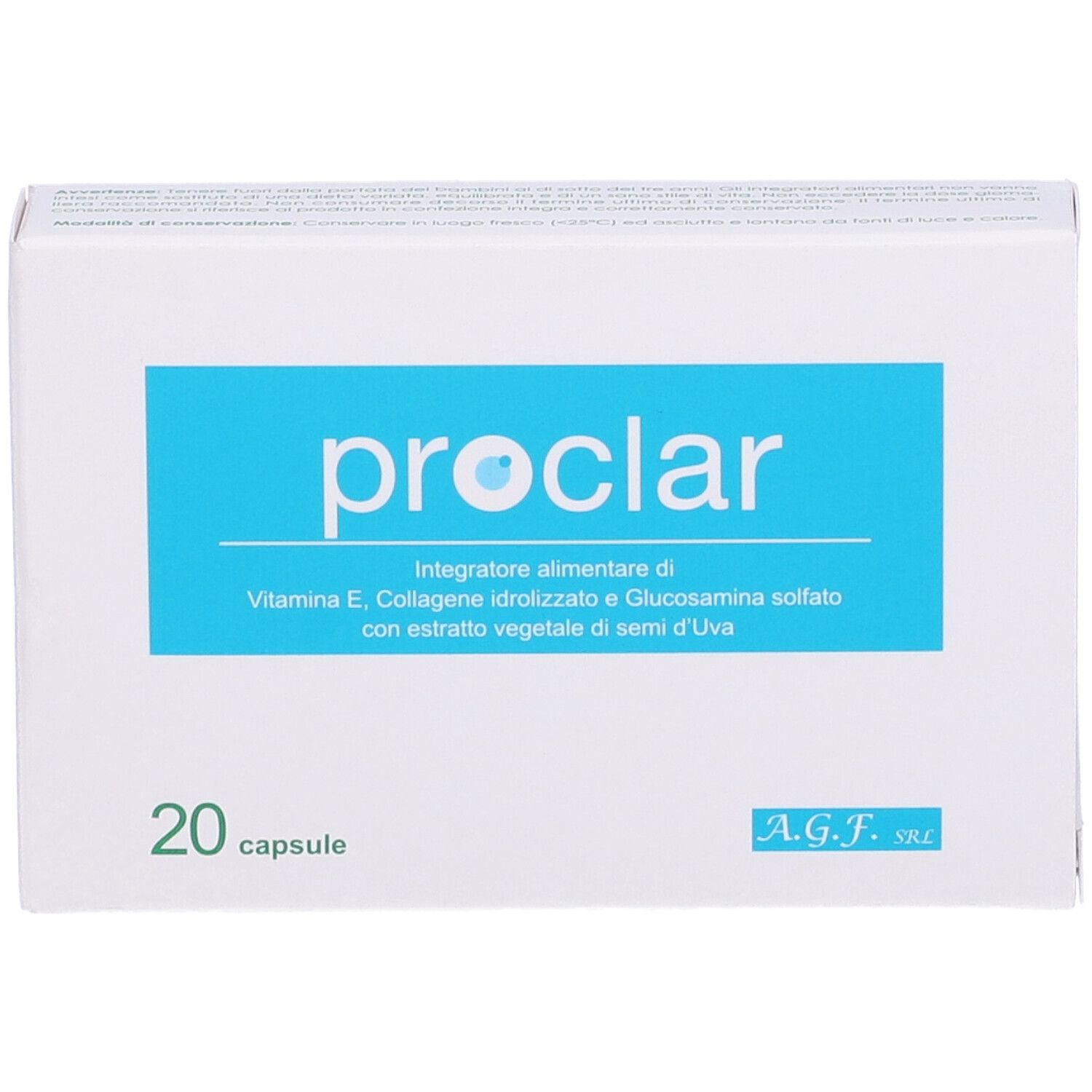 Scatola bianca con rettangolo blu e scritta "proclar". Sotto, "20 capsule".