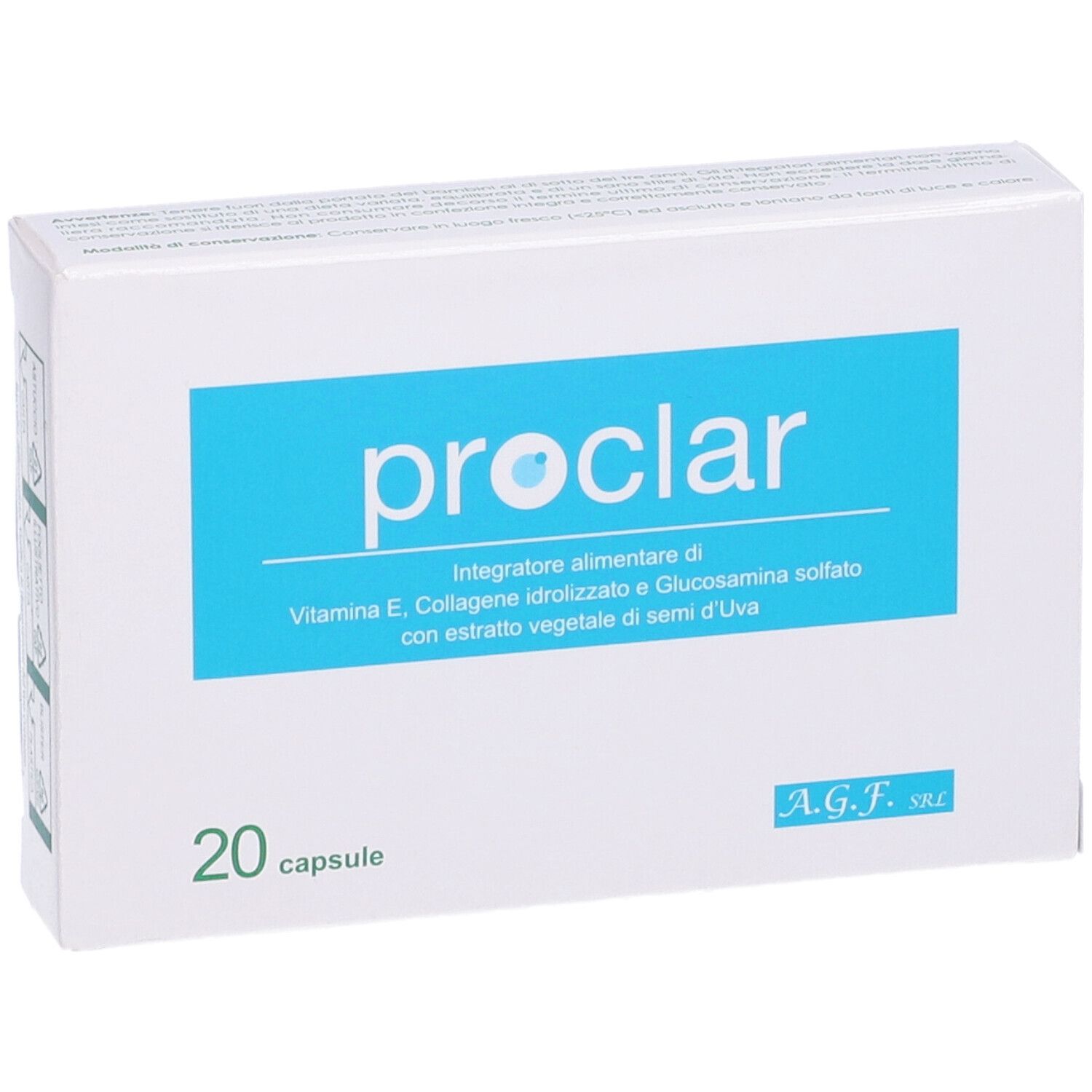 Scatola bianca con rettangolo blu e scritta "proclar". Sotto, "20 capsule".