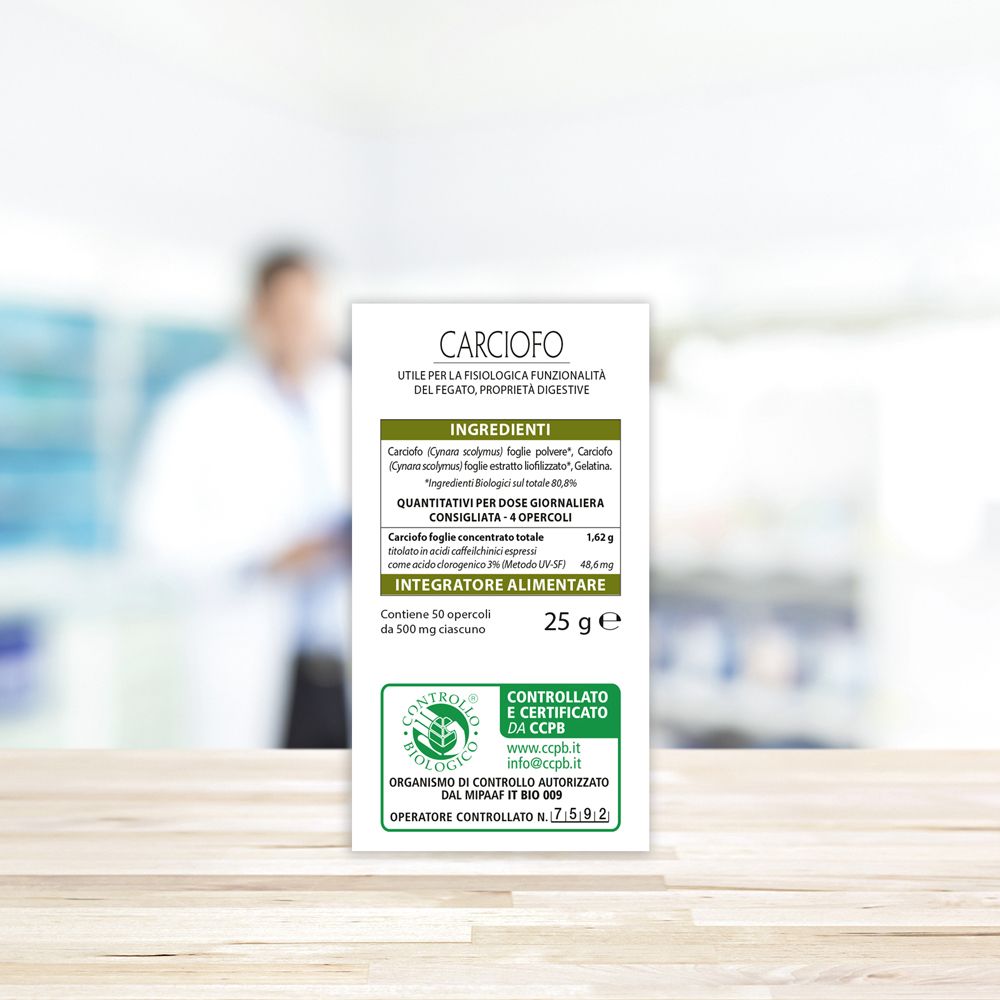 Produktverpackung von Aboca Carciofo Concentrato Totale. Text: Inhaltsstoffe, 25 g, Integratore Alimentare.