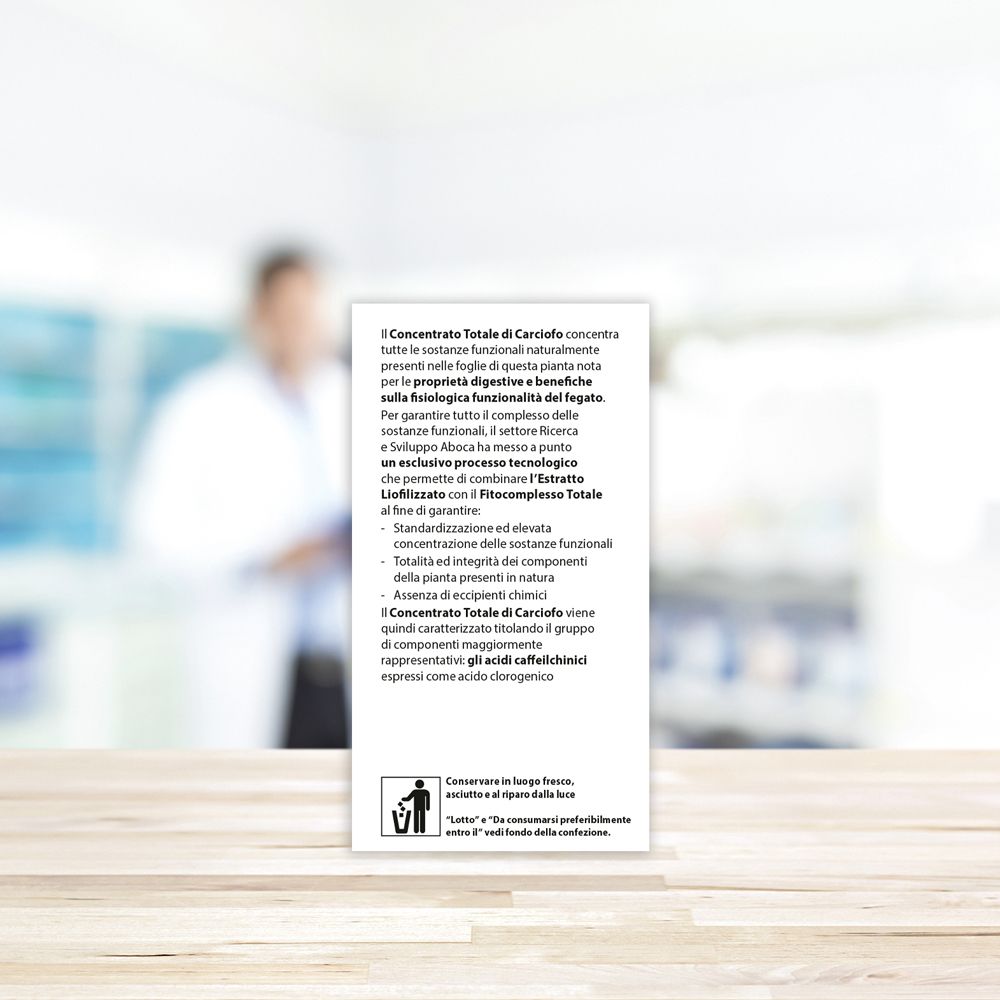 Rückseite der Produktverpackung von Aboca Carciofo Concentrato Totale. Text.